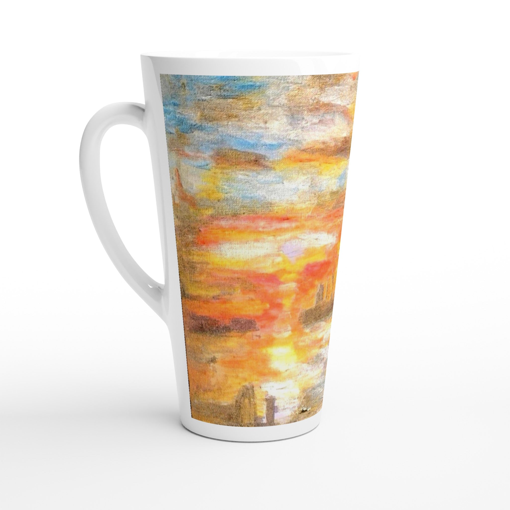 White latte ceramic mug 17oz with printed handpainted artwork - front view
