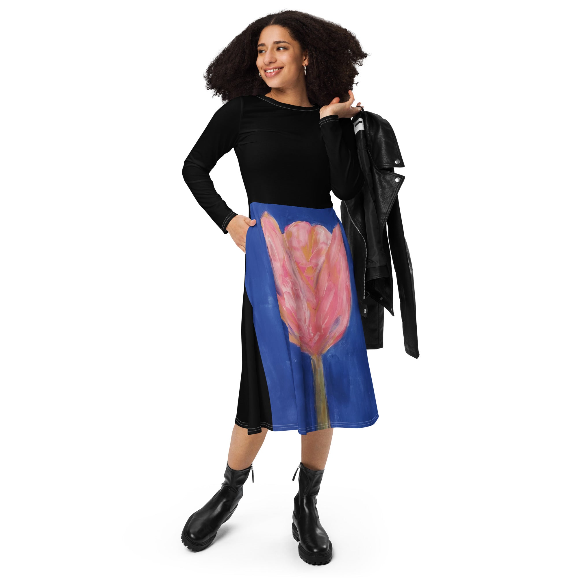 All-over print long sleeve midi dress with printed handpainted artwork - front view
