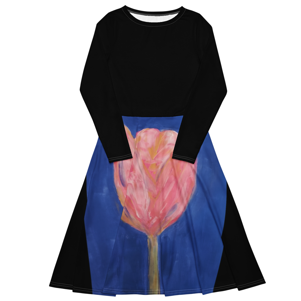 All-over print long sleeve midi dress with printed handpainted artwork - front detail
