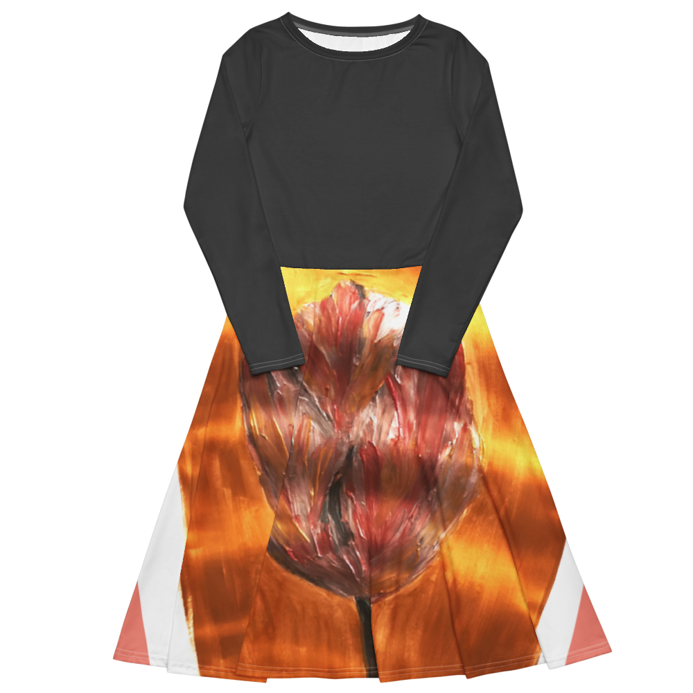 White all-over print long sleeve midi dress with printed handpainted artwork front angle
