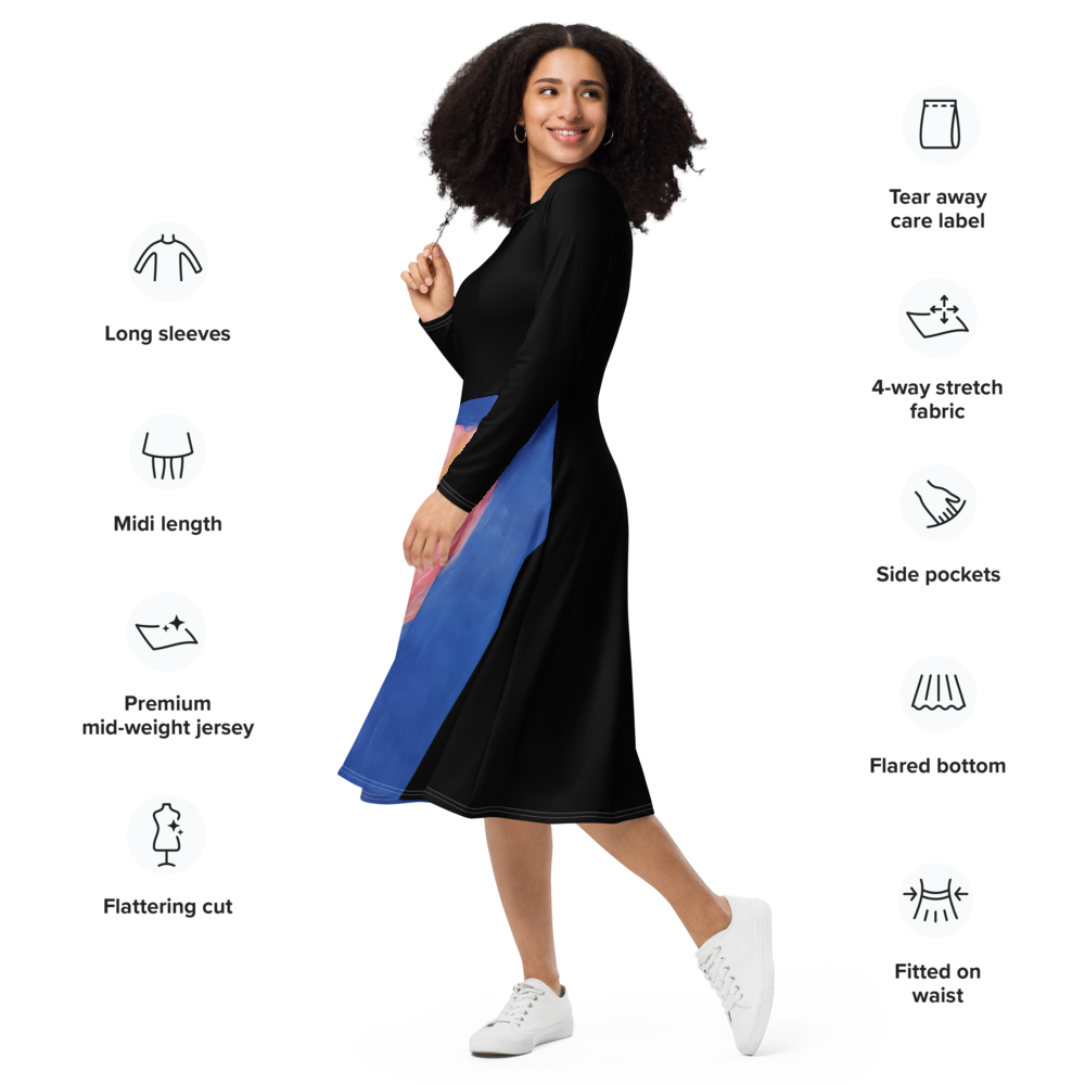 All-over print long sleeve midi dress with printed handpainted artwork - left front view
