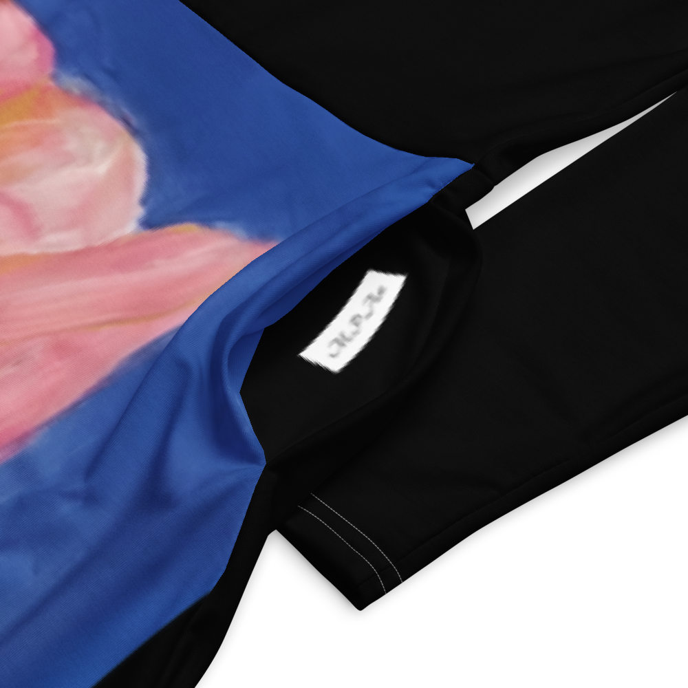 All-over print long sleeve midi dress with printed handpainted artwork - product details and sizing
