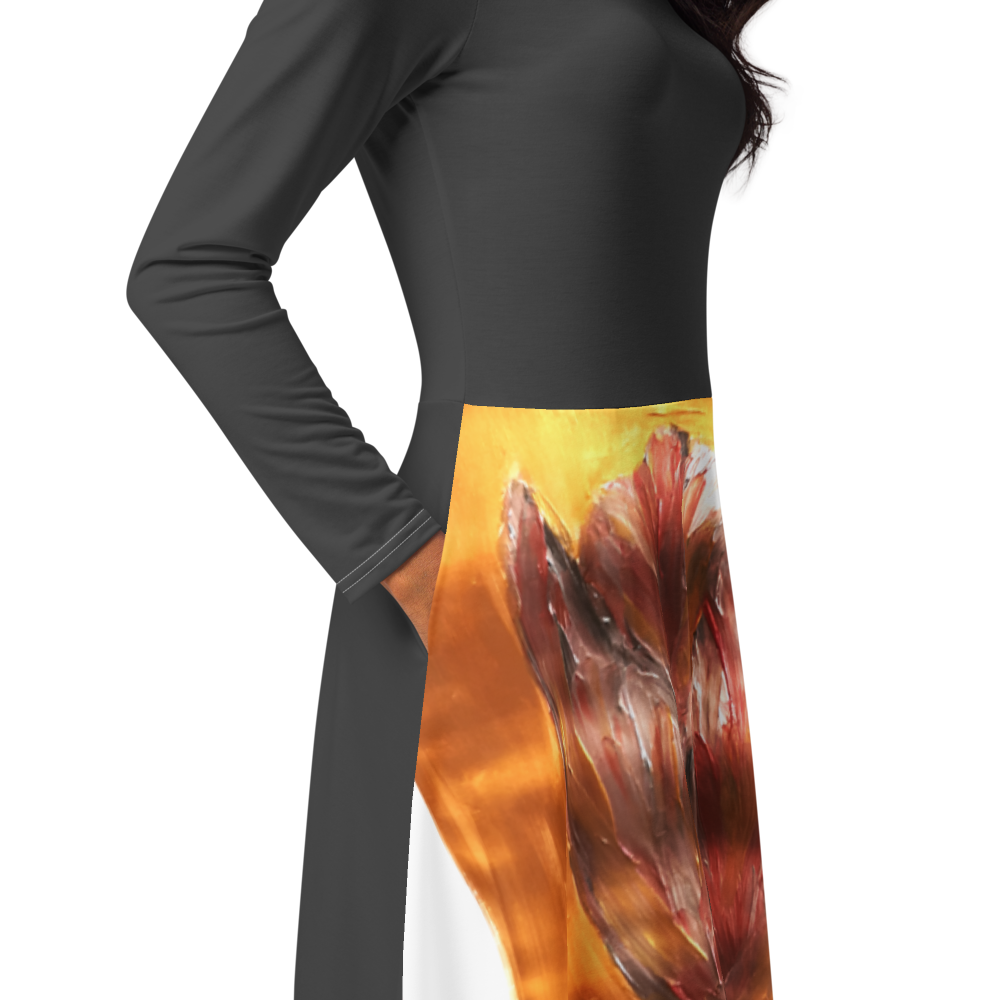 White all-over print long sleeve midi dress with printed handpainted artwork product details close-up
