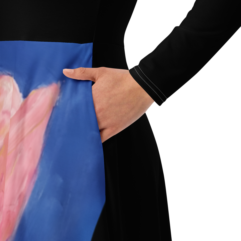 All-over print long sleeve midi dress with printed handpainted artwork - care instructions and materials
