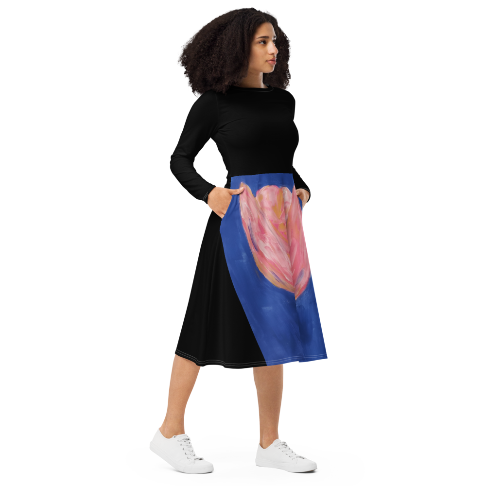 All-over print long sleeve midi dress with printed handpainted artwork - sleeve and hem details
