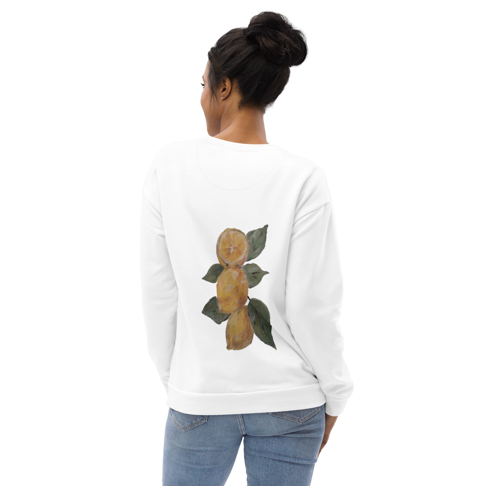 Unisex sweatshirt in white with printed handpainted artwork - back view

