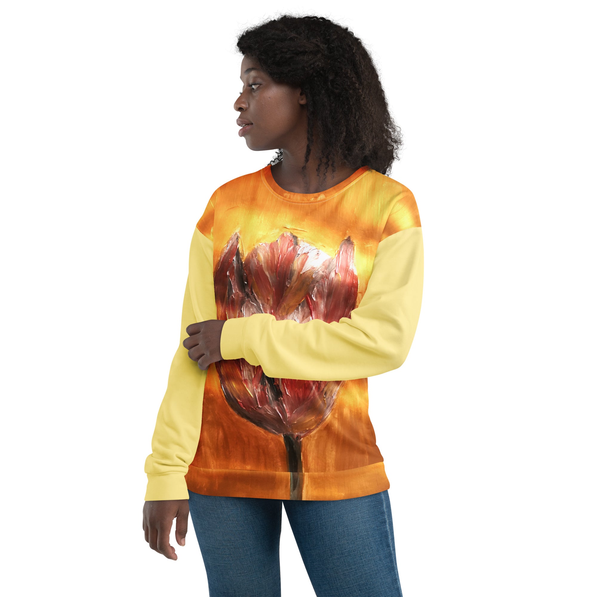 Unisex sweatshirt with printed handpainted artwork - front view

