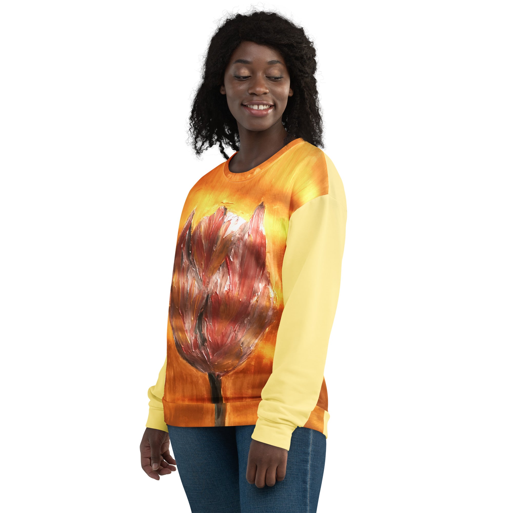 Unisex sweatshirt with printed handpainted artwork - left front view
