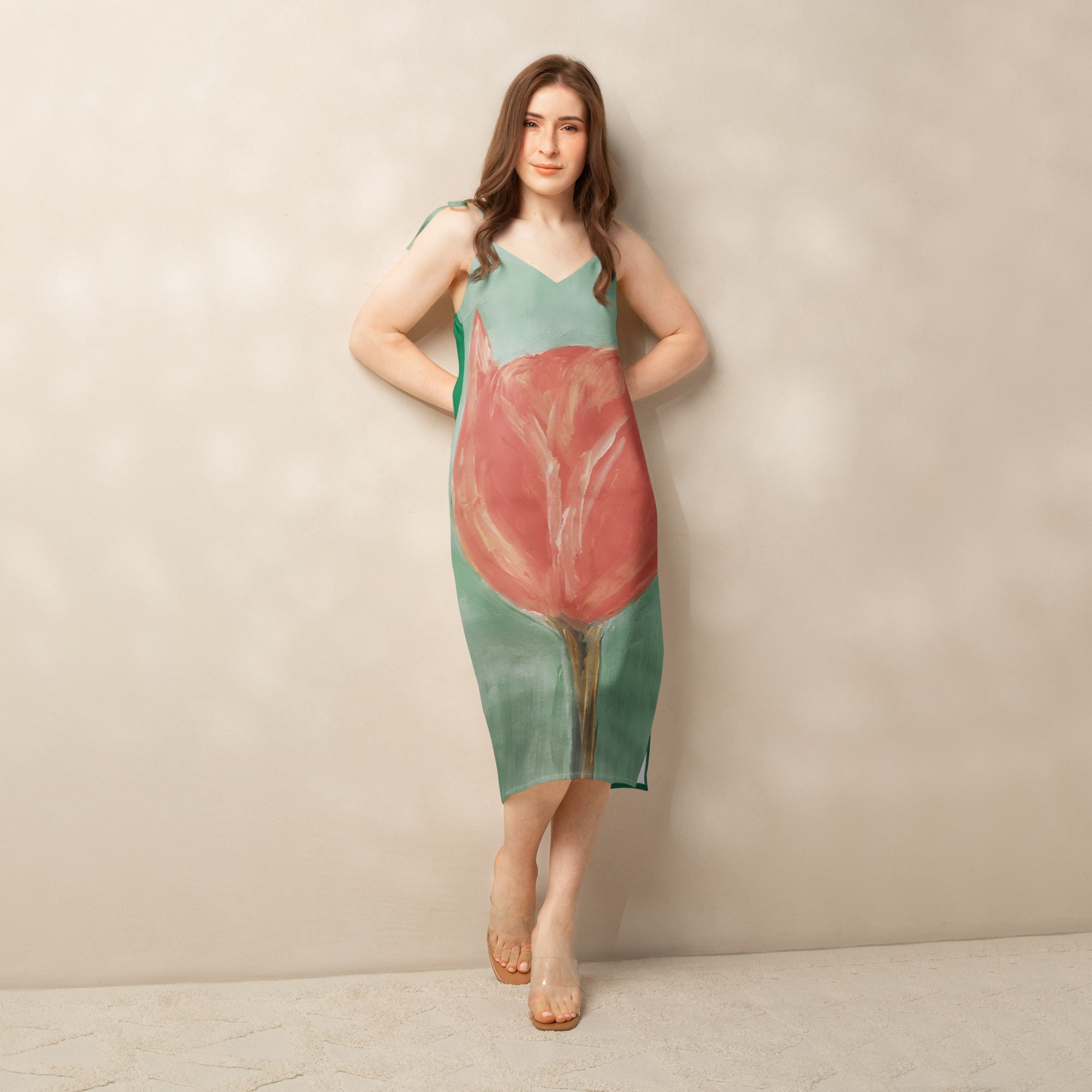 Tie-strap midi dress with printed handpainted artwork - front view
