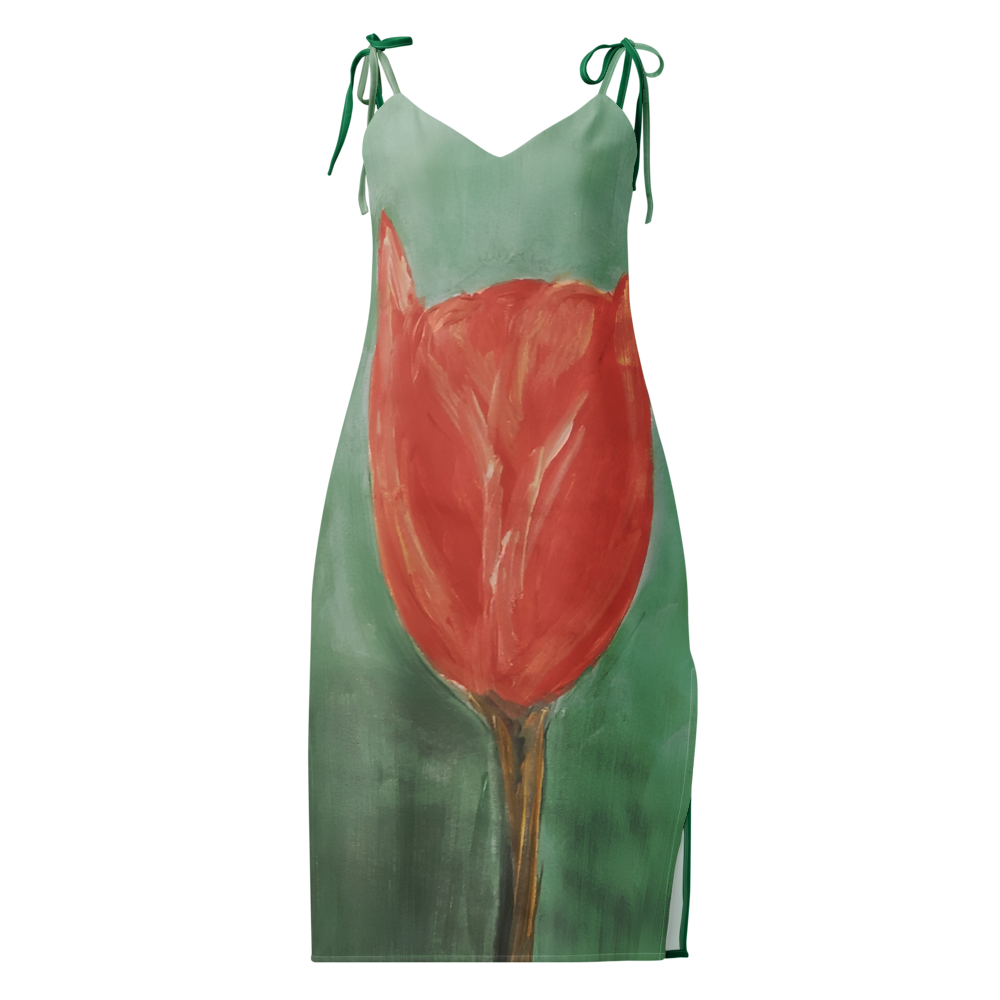 Tie-strap midi dress with printed handpainted artwork - front detail
