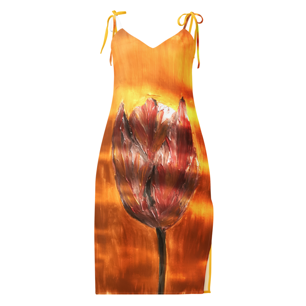Tie-strap midi dress with printed handpainted artwork - front detail
