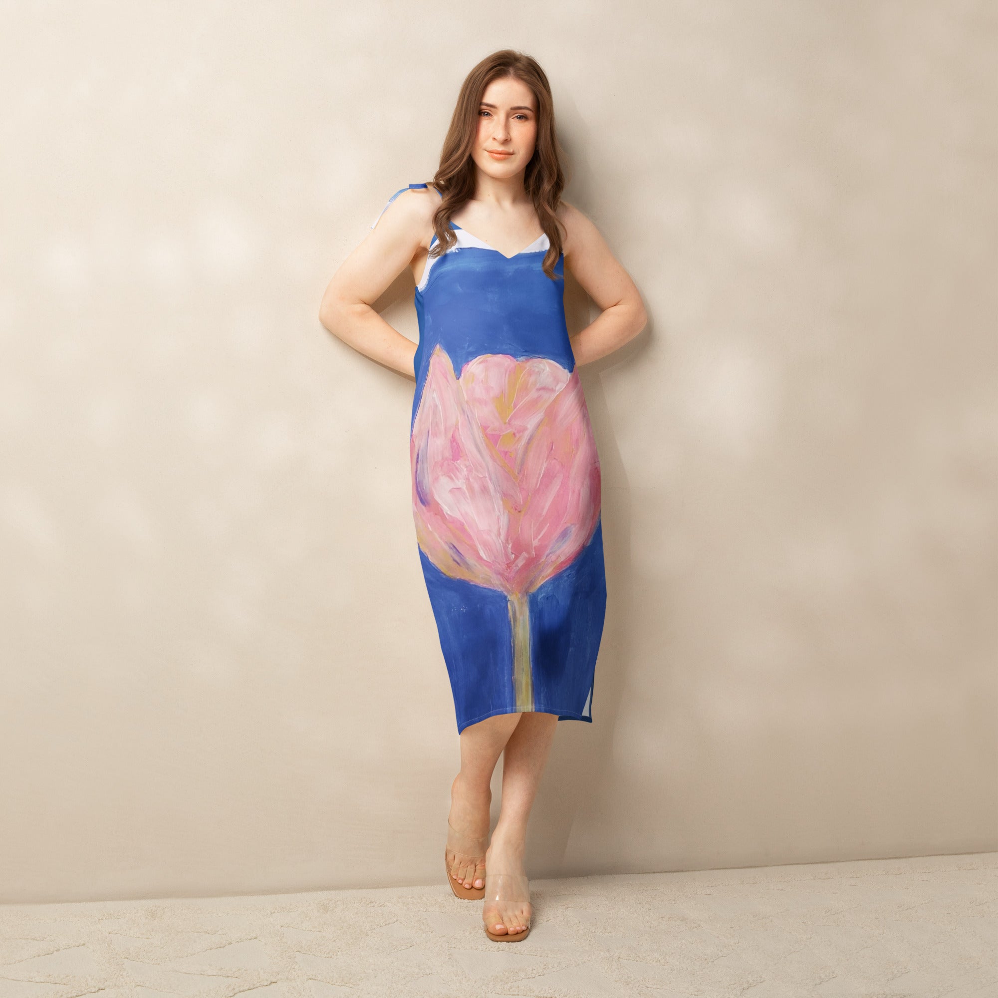 Tie-strap midi dress with printed handpainted artwork - front view
