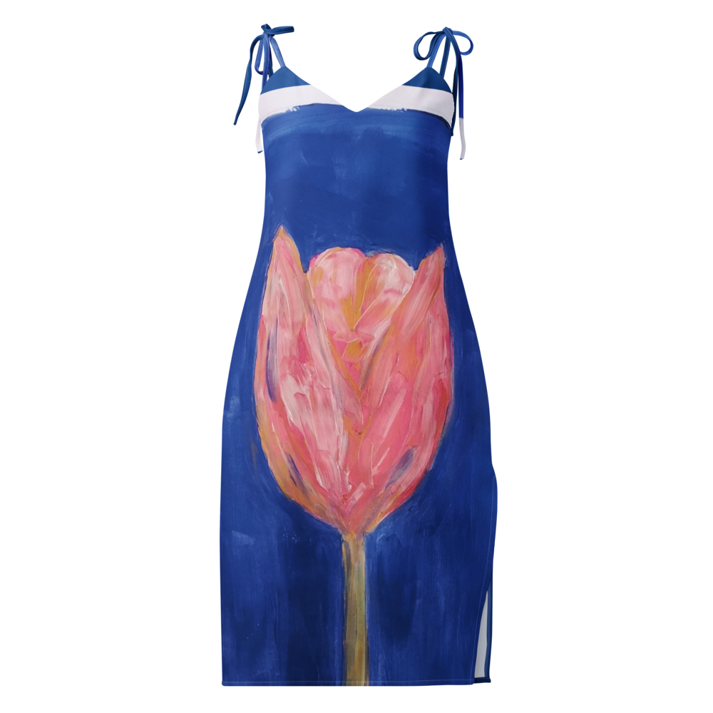 Tie-strap midi dress with printed handpainted artwork - front detail
