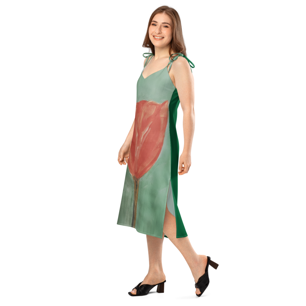 Tie-strap midi dress with printed handpainted artwork - left front view
