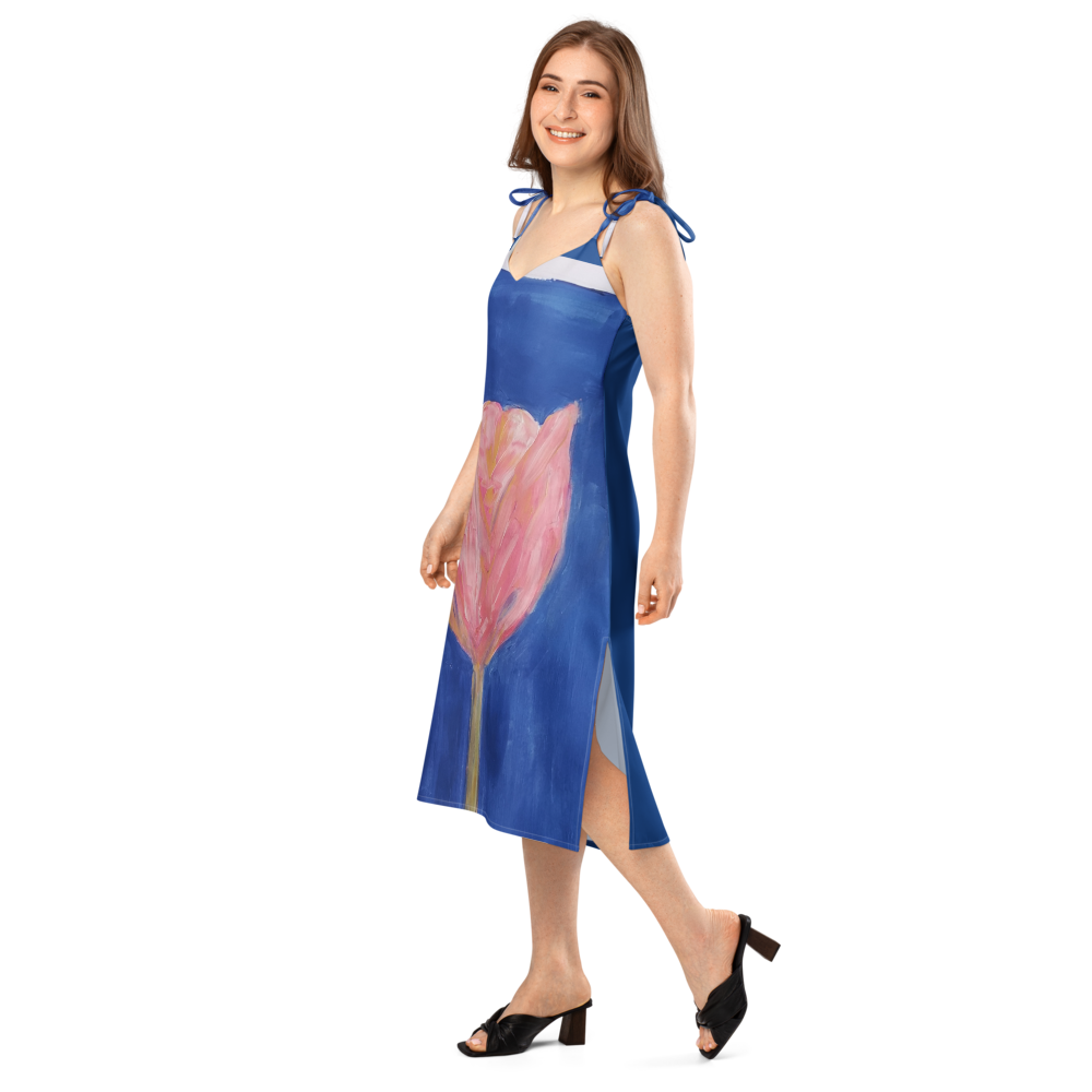 Tie-strap midi dress with printed handpainted artwork - left front view
