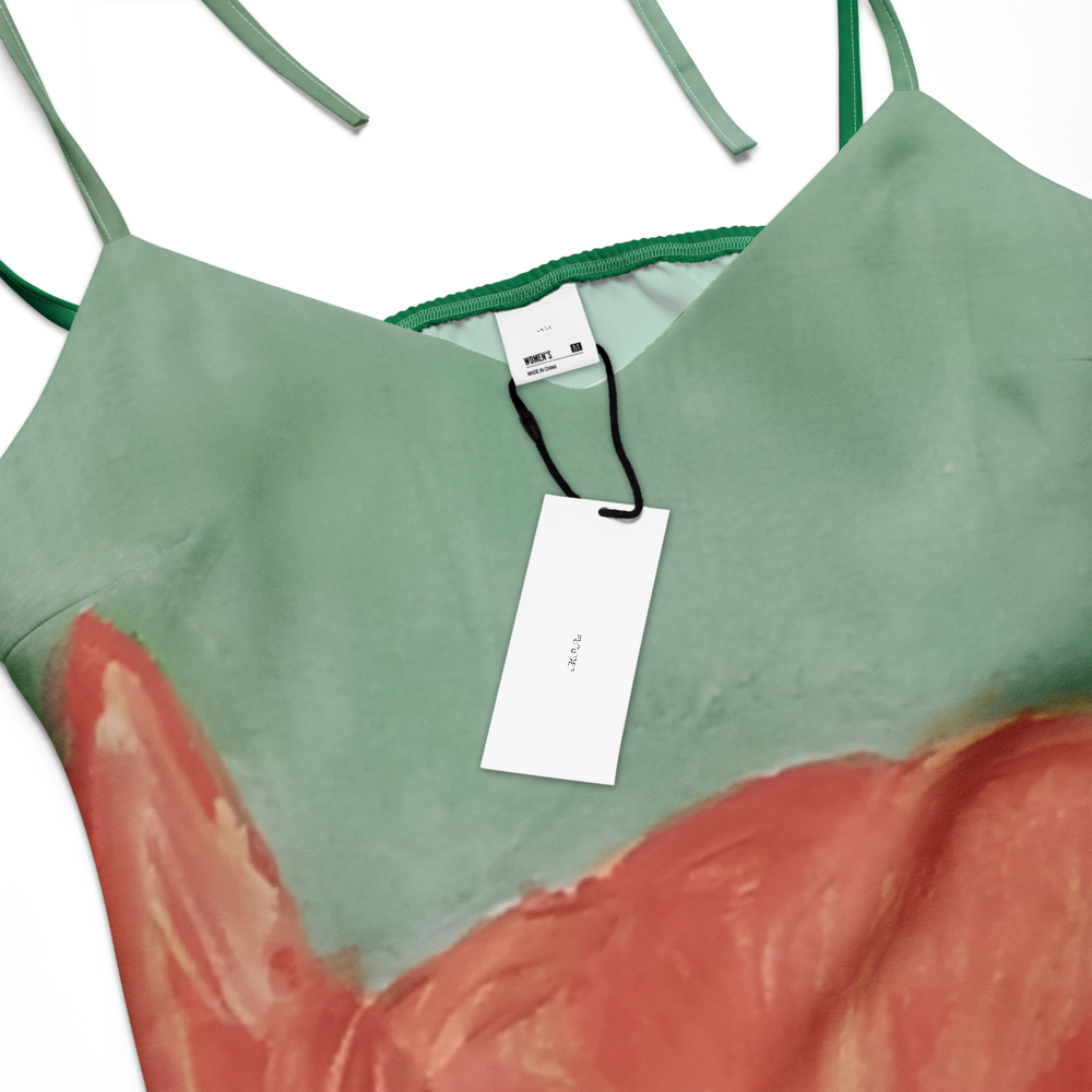 Tie-strap midi dress with printed handpainted artwork - care instructions and materials
