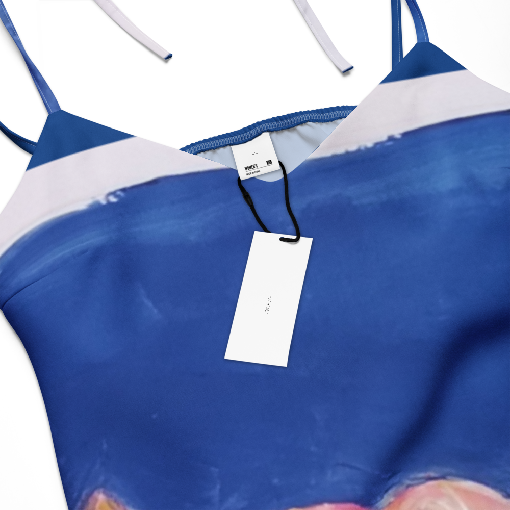 Tie-strap midi dress with printed hand-painted artwork - care instructions and materials
