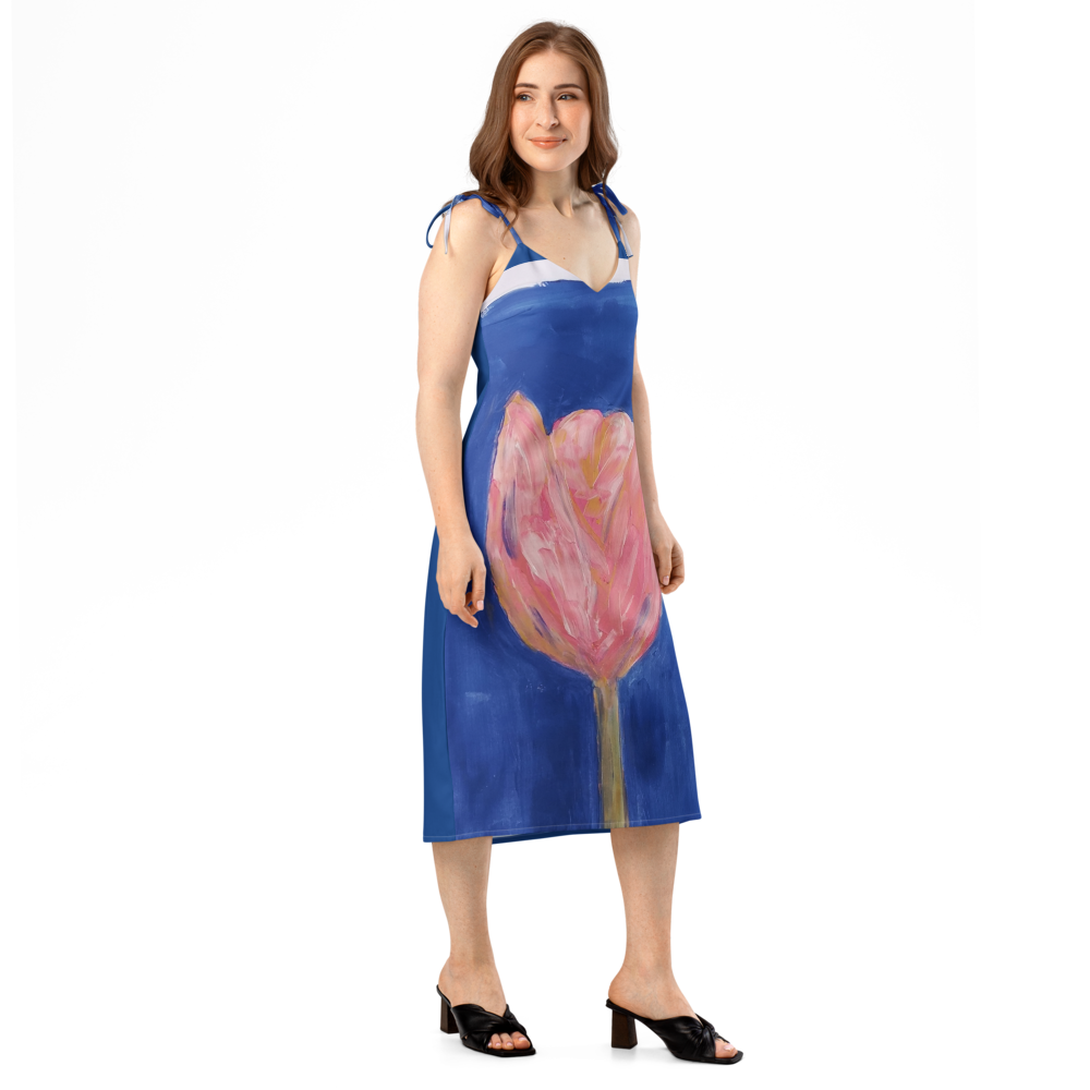 Tie-strap midi dress with printed handpainted artwork - right front view
