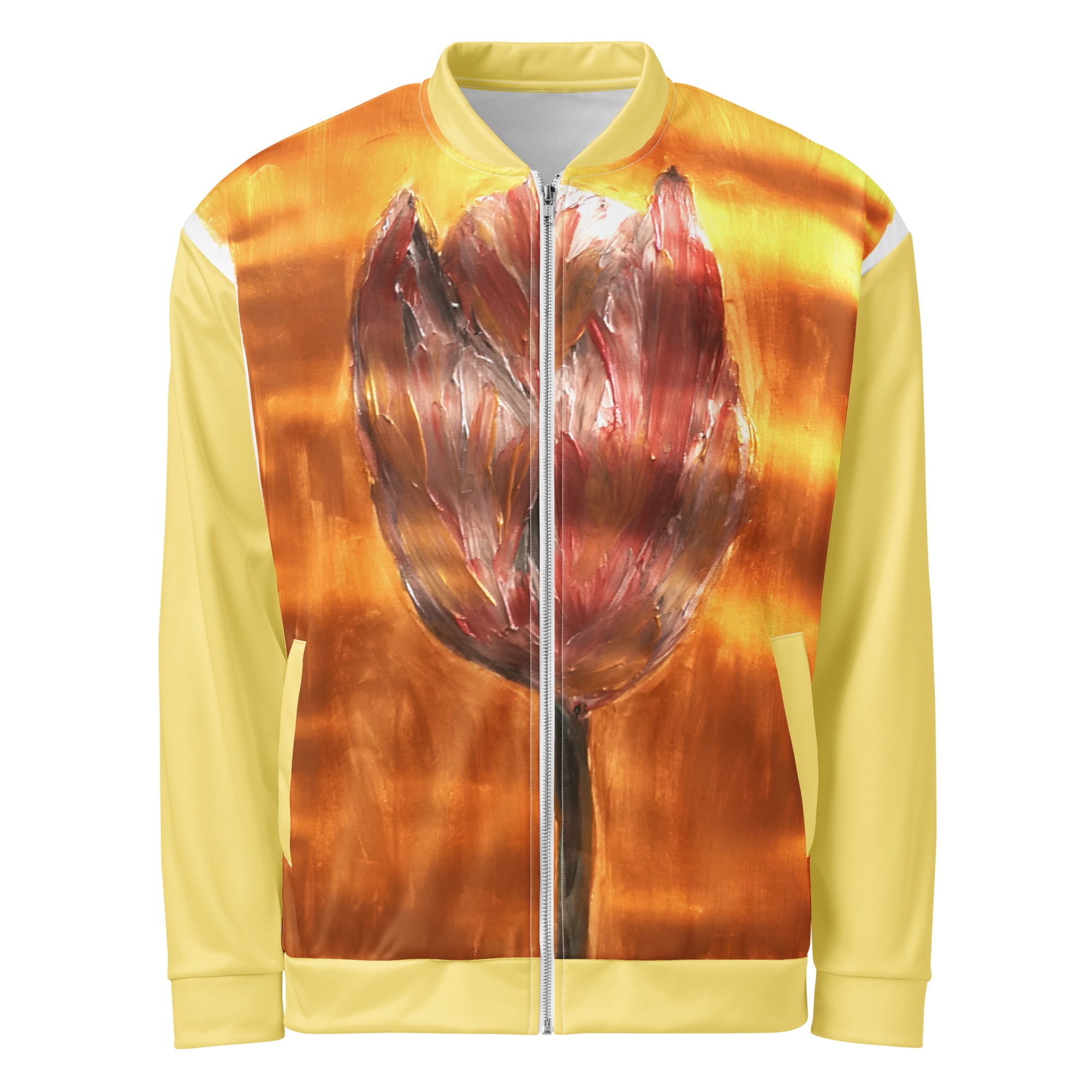 Unisex bomber jacket with printed handpainted artwork - front view

