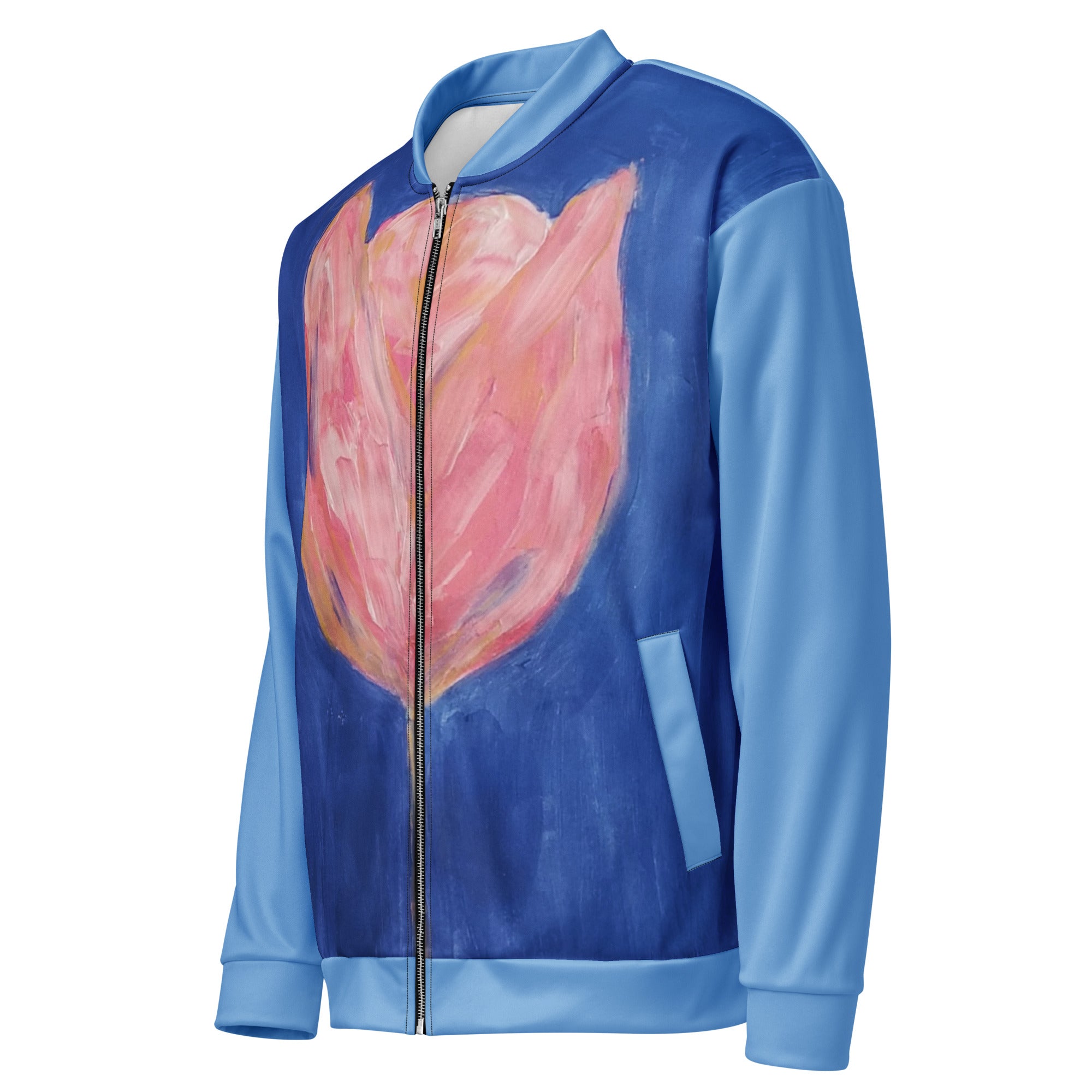 Unisex bomber jacket with printed hand-painted artwork - left front view
