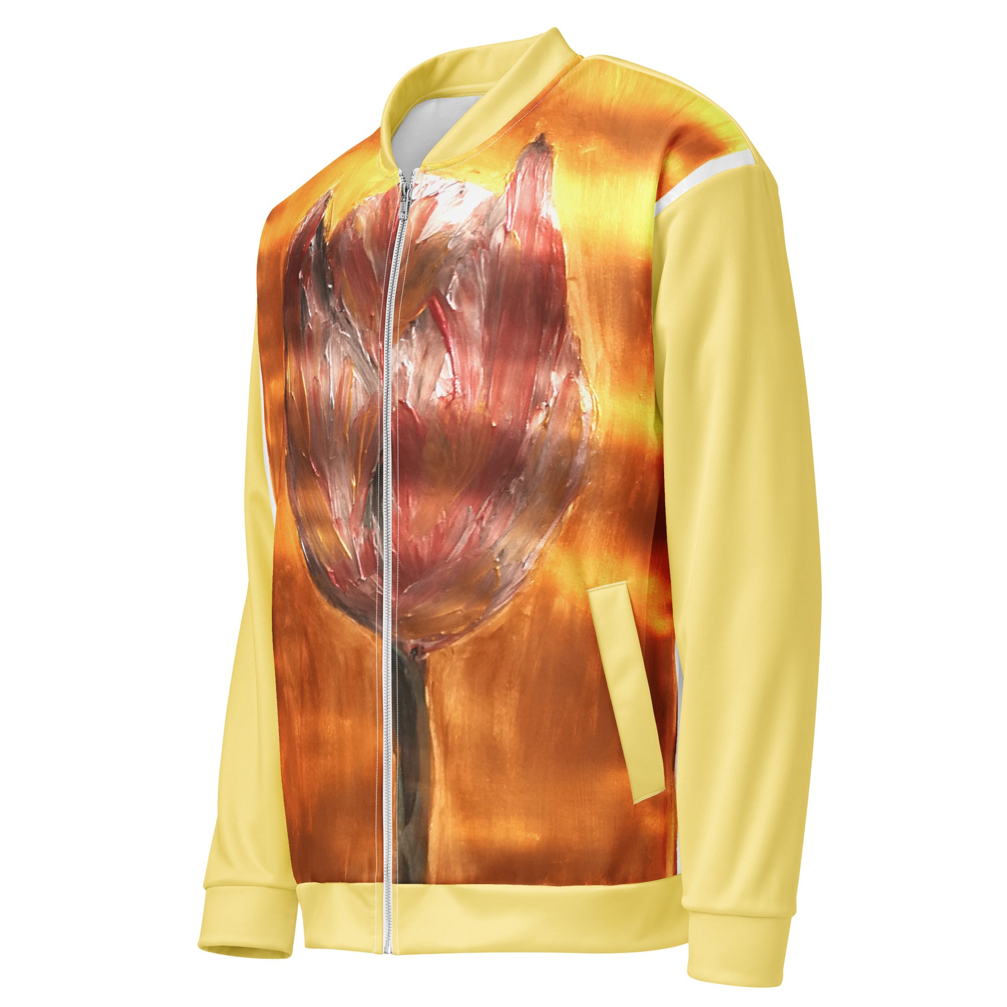 Unisex bomber jacket with printed handpainted artwork - left front view
