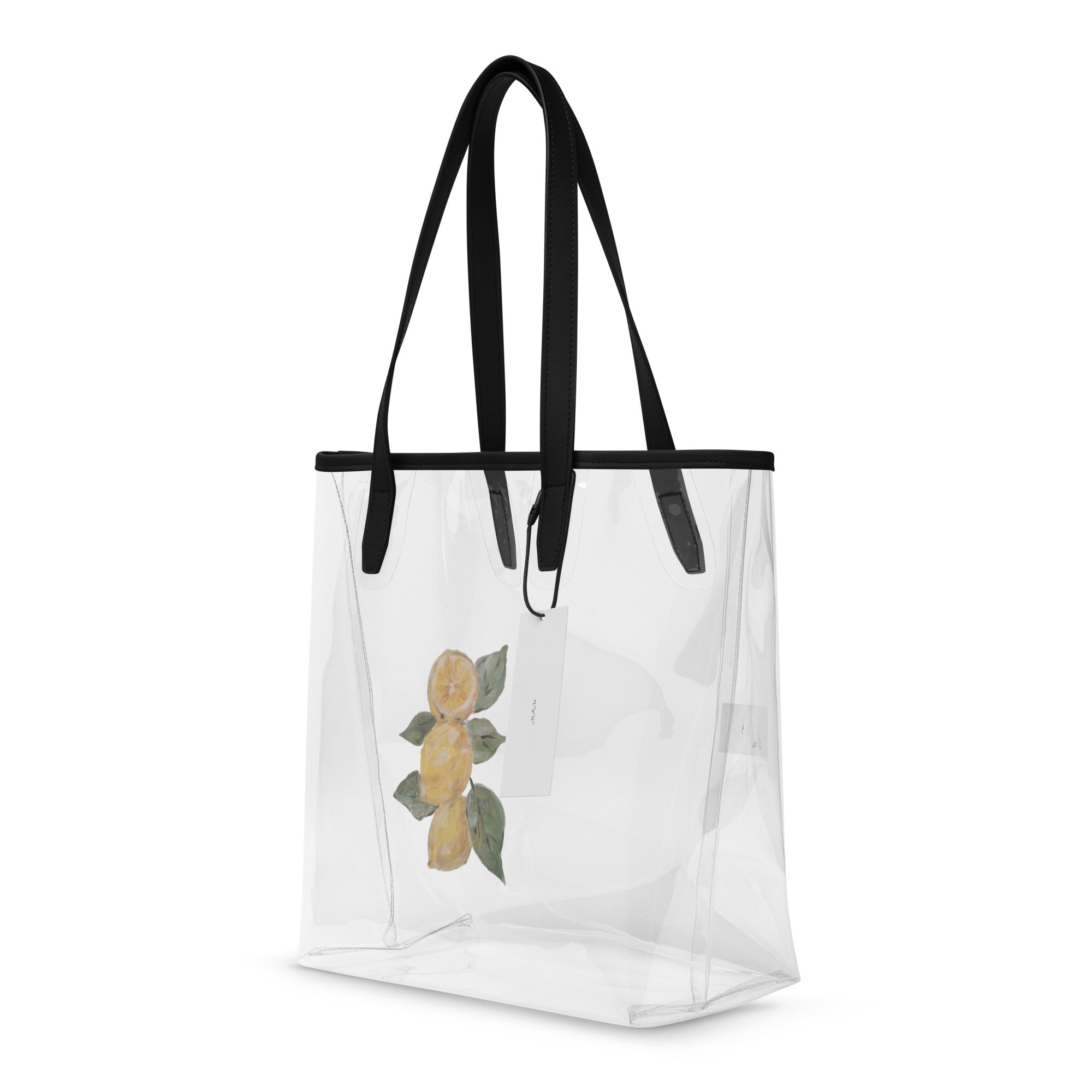 Clear tote bag with printed handpainted artwork - left front view
