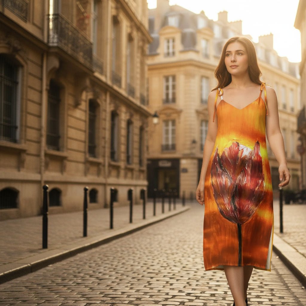 Crimson Tulip Dreams | Tie - Strap Midi Dress - M.P.Art