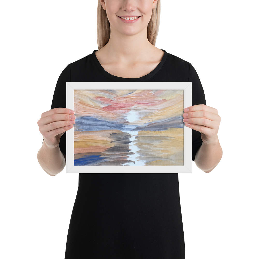 Framed matte paper poster with printed handpainted artwork in white frame 21x30 cm - lifestyle with person
