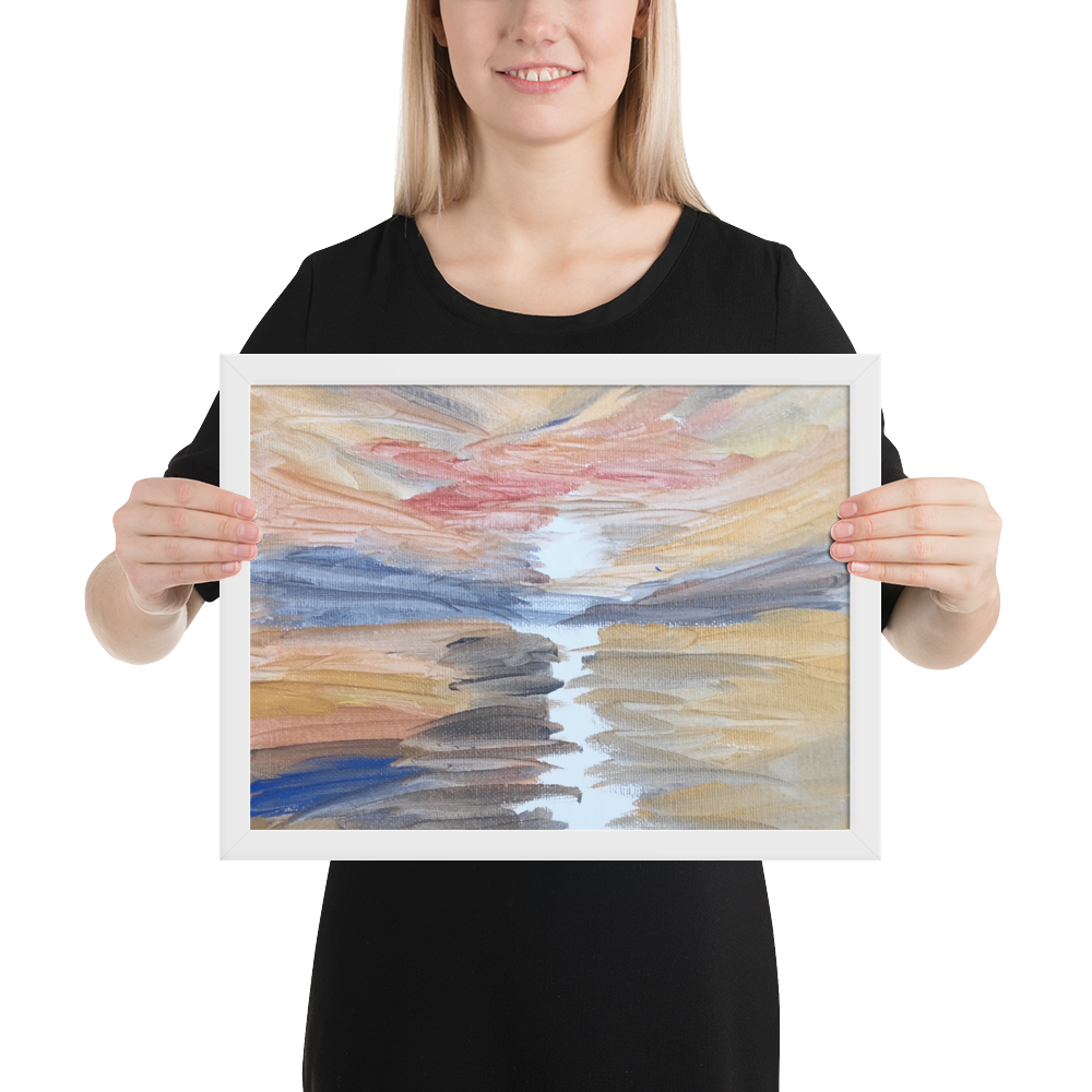 Framed matte paper poster with printed handpainted artwork in white frame 30x40 cm - lifestyle with person
