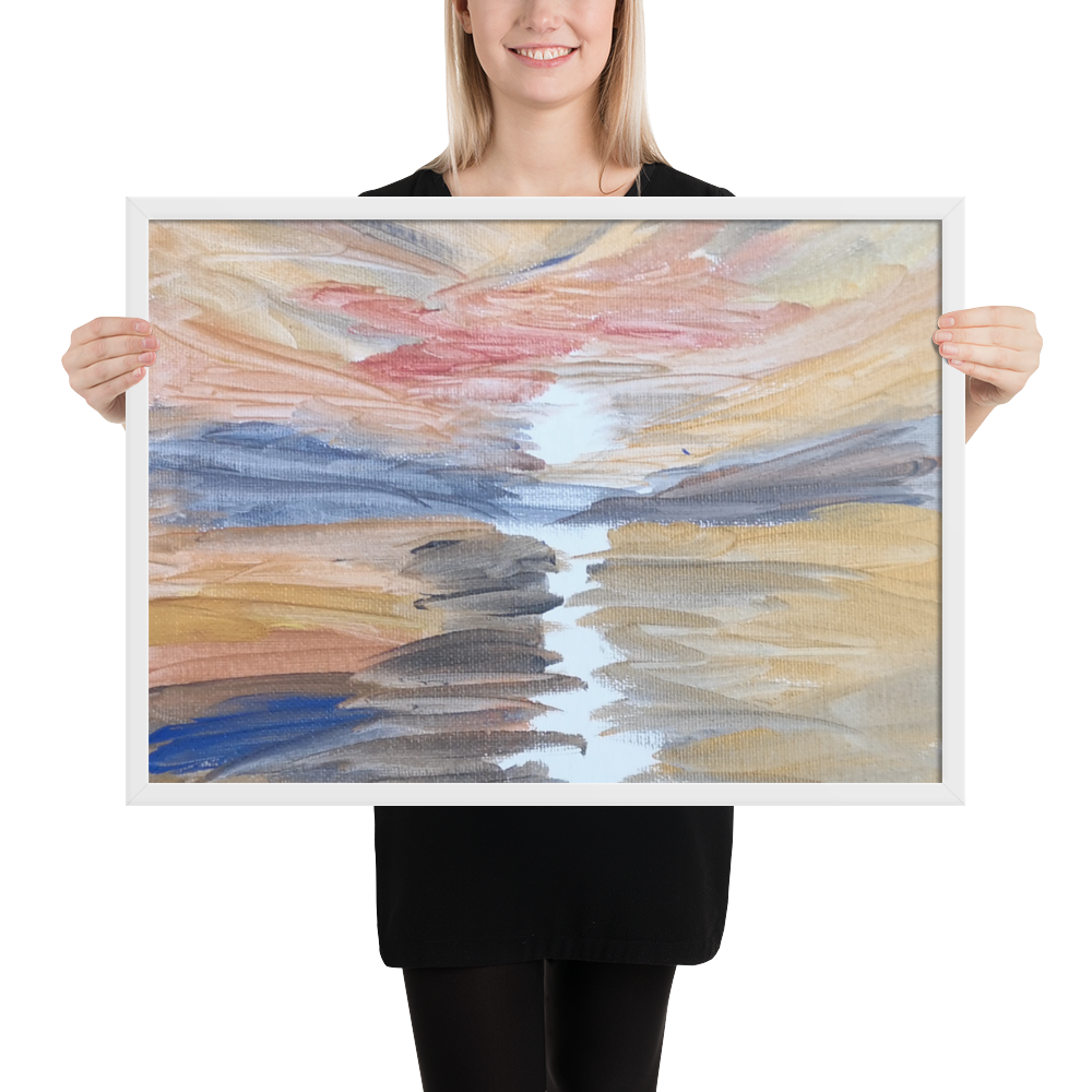 Framed matte paper poster with printed handpainted artwork in white frame 50x70 cm - lifestyle with person
