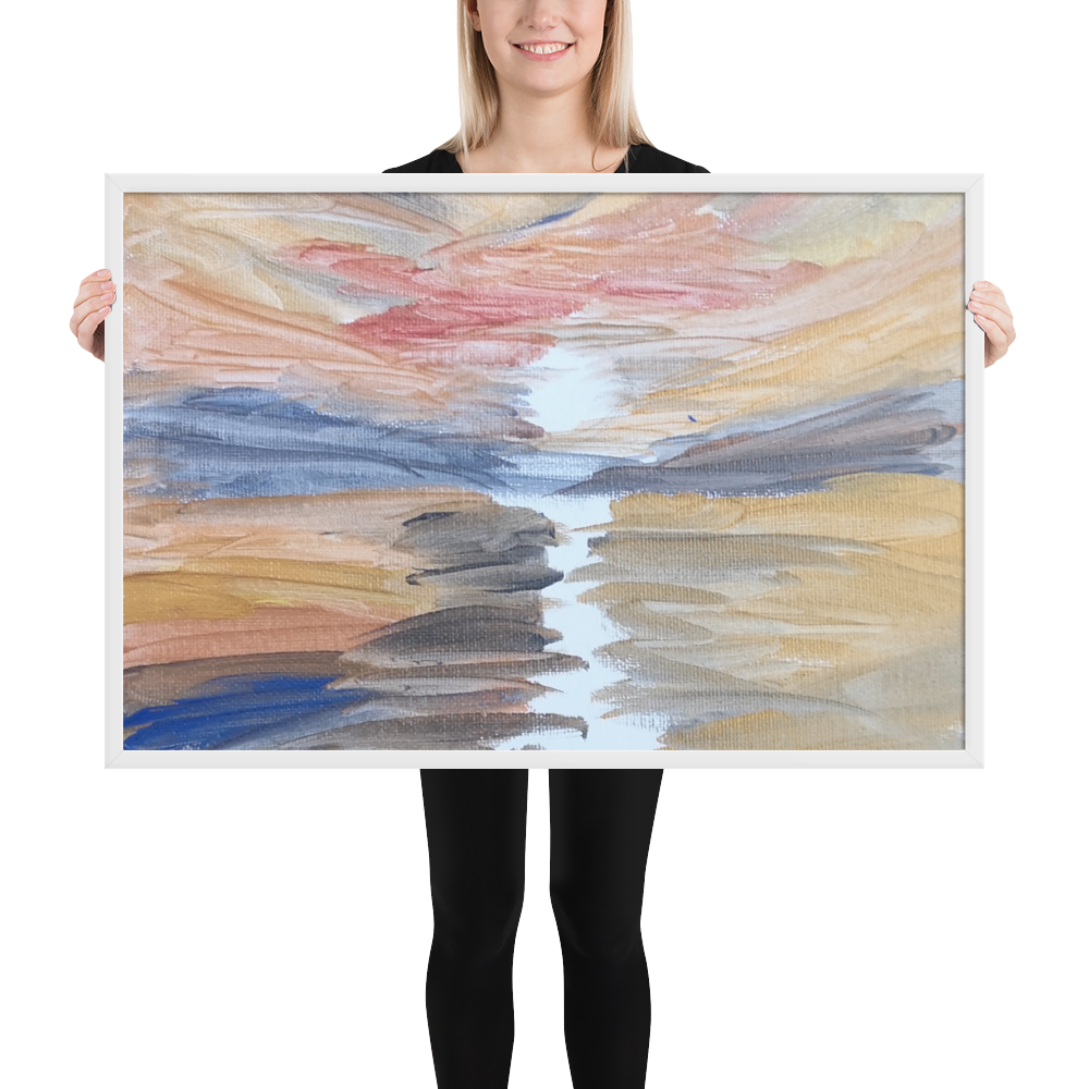 Framed matte paper poster with printed handpainted artwork in white frame 61x91 cm - lifestyle with person
