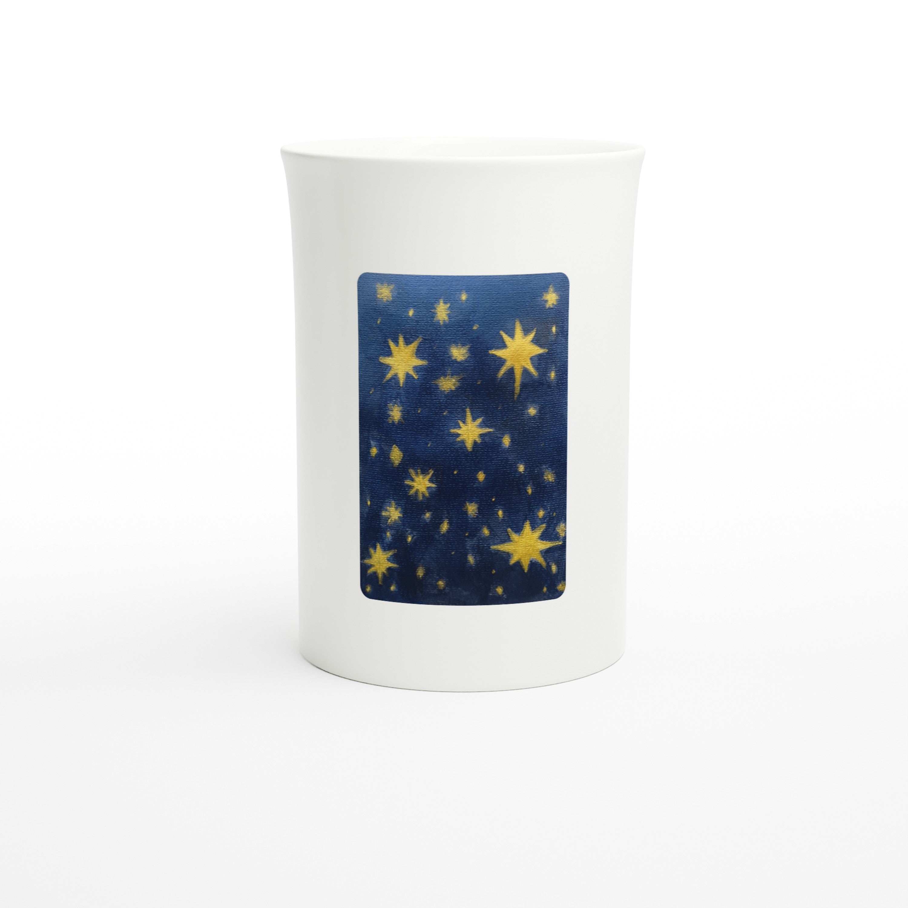 White 10oz porcelain slim mug with printed handpainted artwork - front angle
