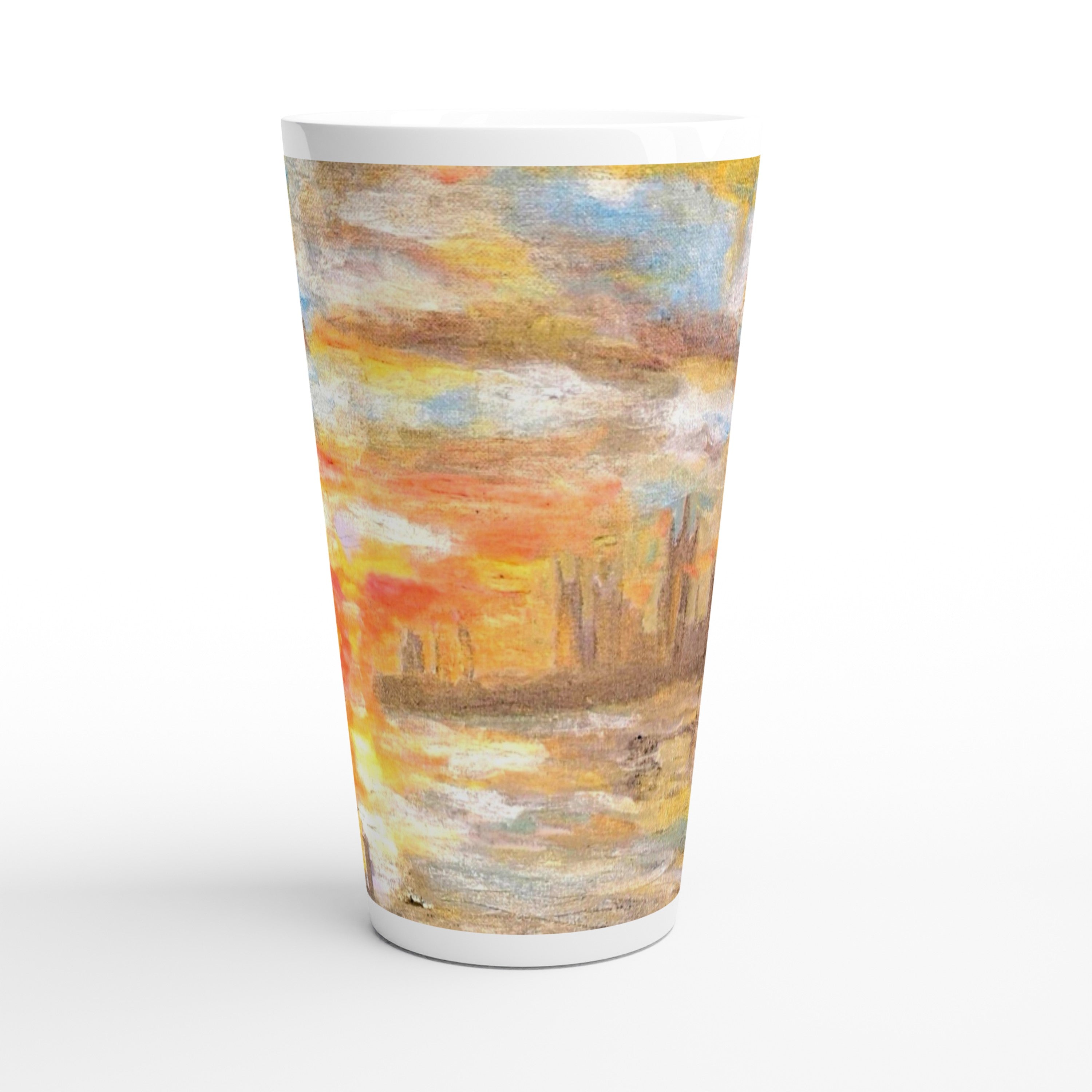 White latte ceramic mug 17oz with printed handpainted artwork - front detail
