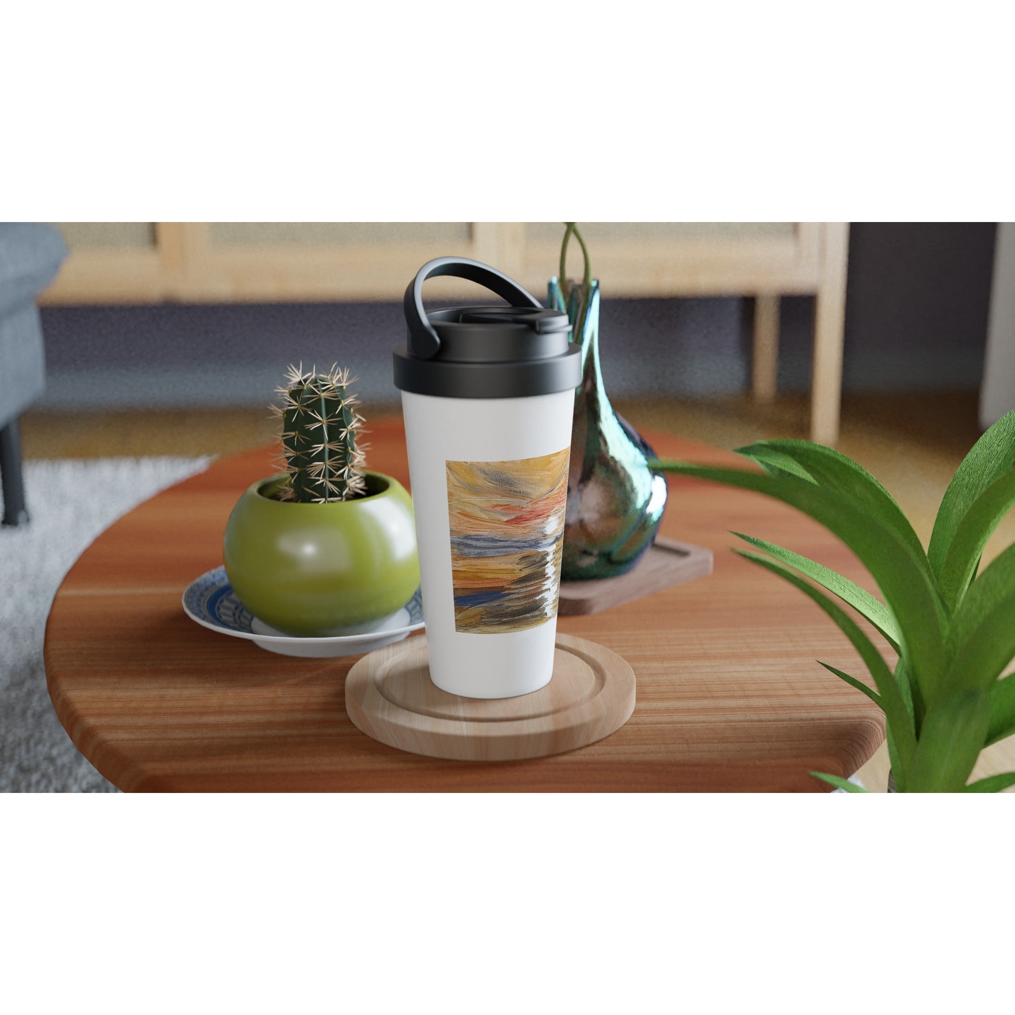 Golden Sunset Travel Mug | 15oz Stainless Steel with Handpainted Art - M.P.Art