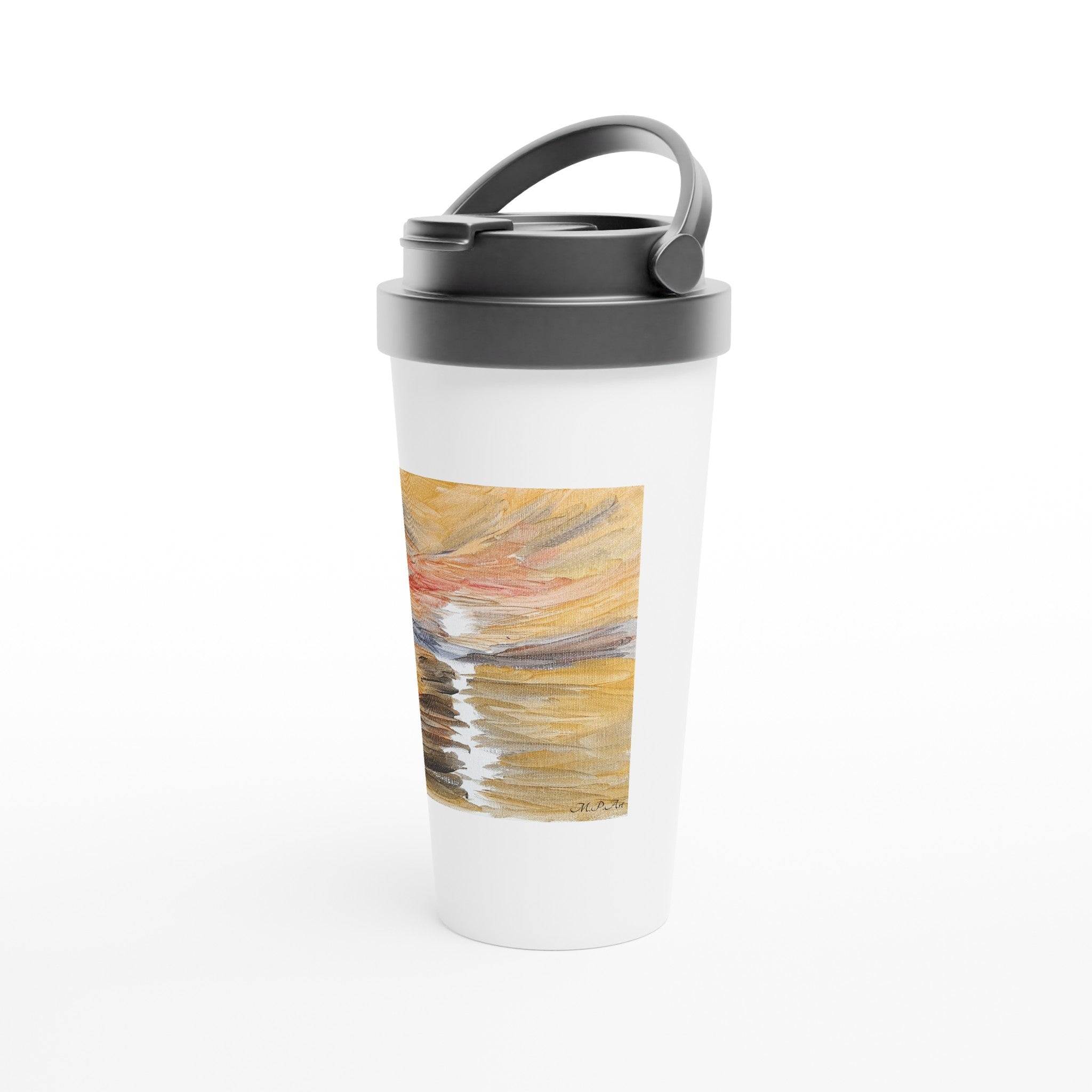 Golden Sunset Travel Mug | 15oz Stainless Steel with Handpainted Art - M.P.Art