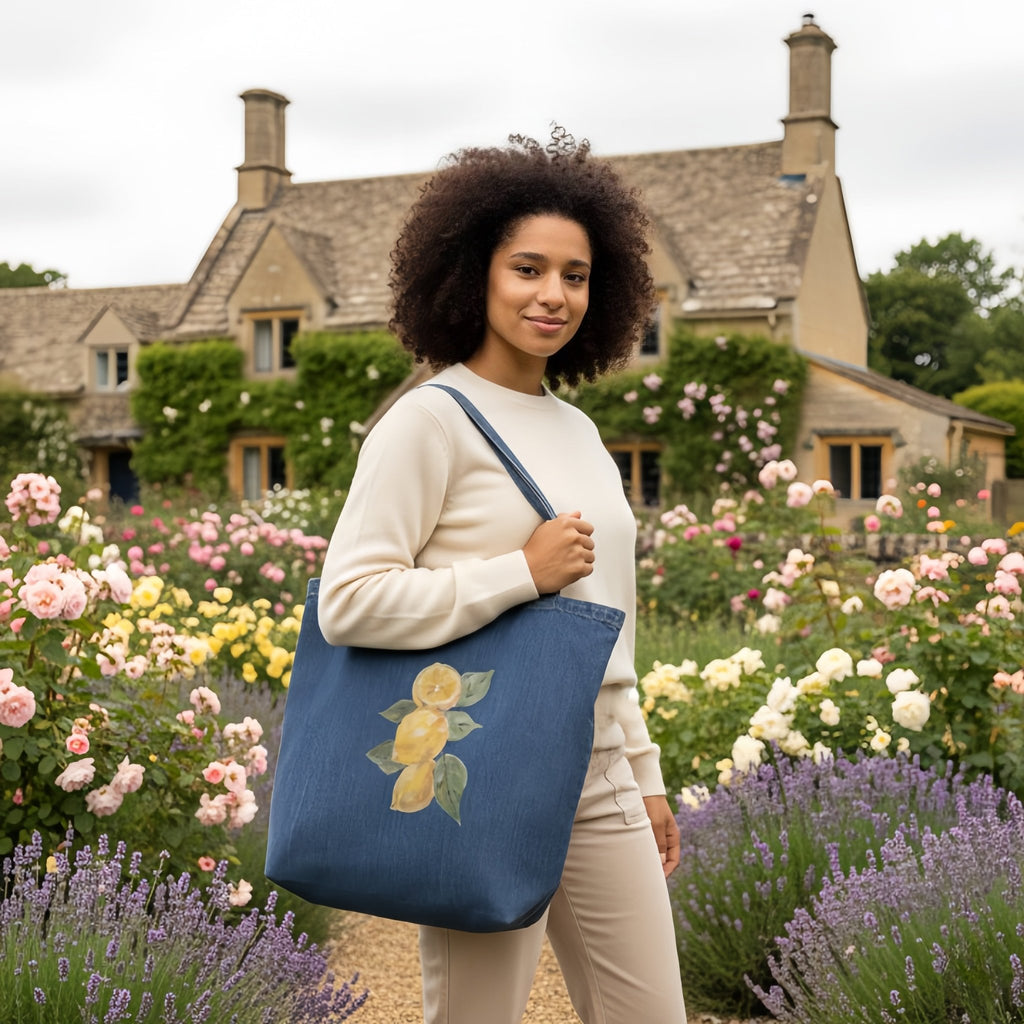 Lemon Fresh Organic Denim Tote | Printed Handpainted Art - M.P.Art