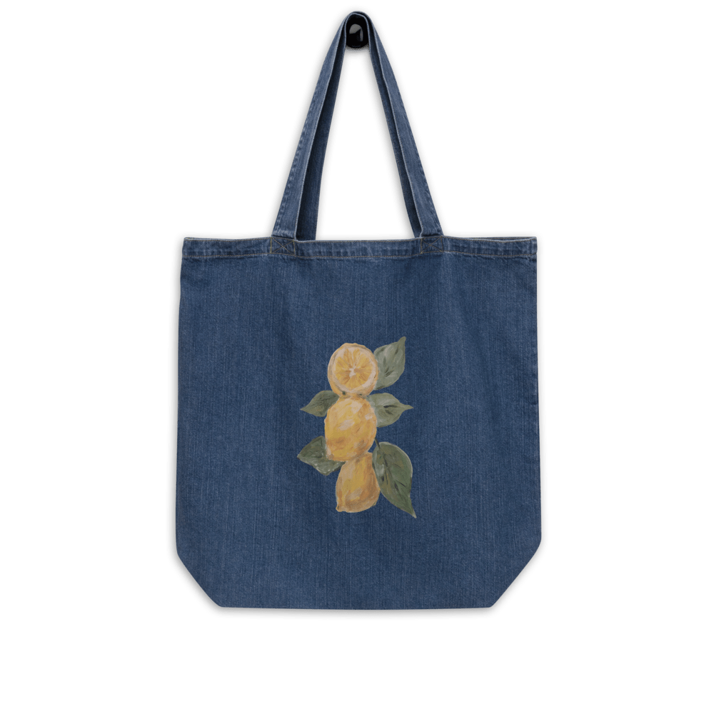 Lemon Fresh Organic Denim Tote | Printed Handpainted Art - M.P.Art