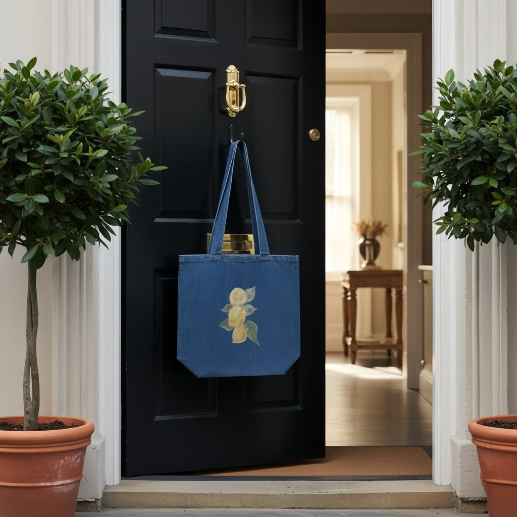 Lemon Fresh Organic Denim Tote | Printed Handpainted Art - M.P.Art