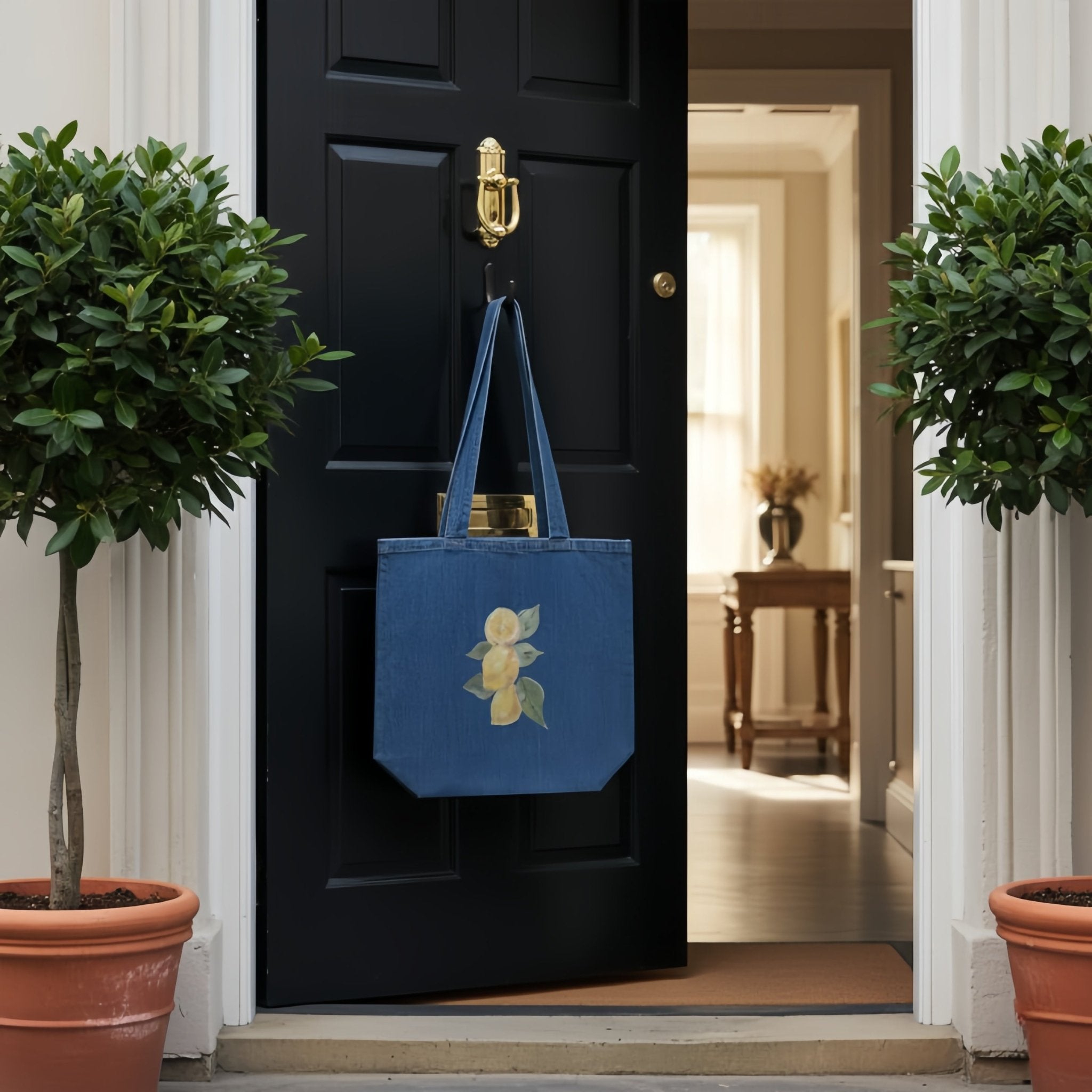 Lemon Fresh Organic Denim Tote | Printed Handpainted Art - M.P.Art