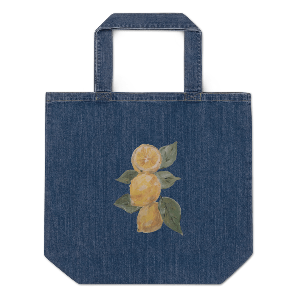 Lemon Fresh Organic Denim Tote | Printed Handpainted Art - M.P.Art