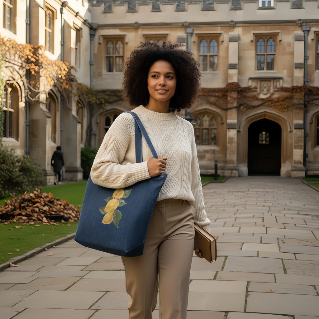 Lemon Fresh Organic Denim Tote | Printed Handpainted Art - M.P.Art