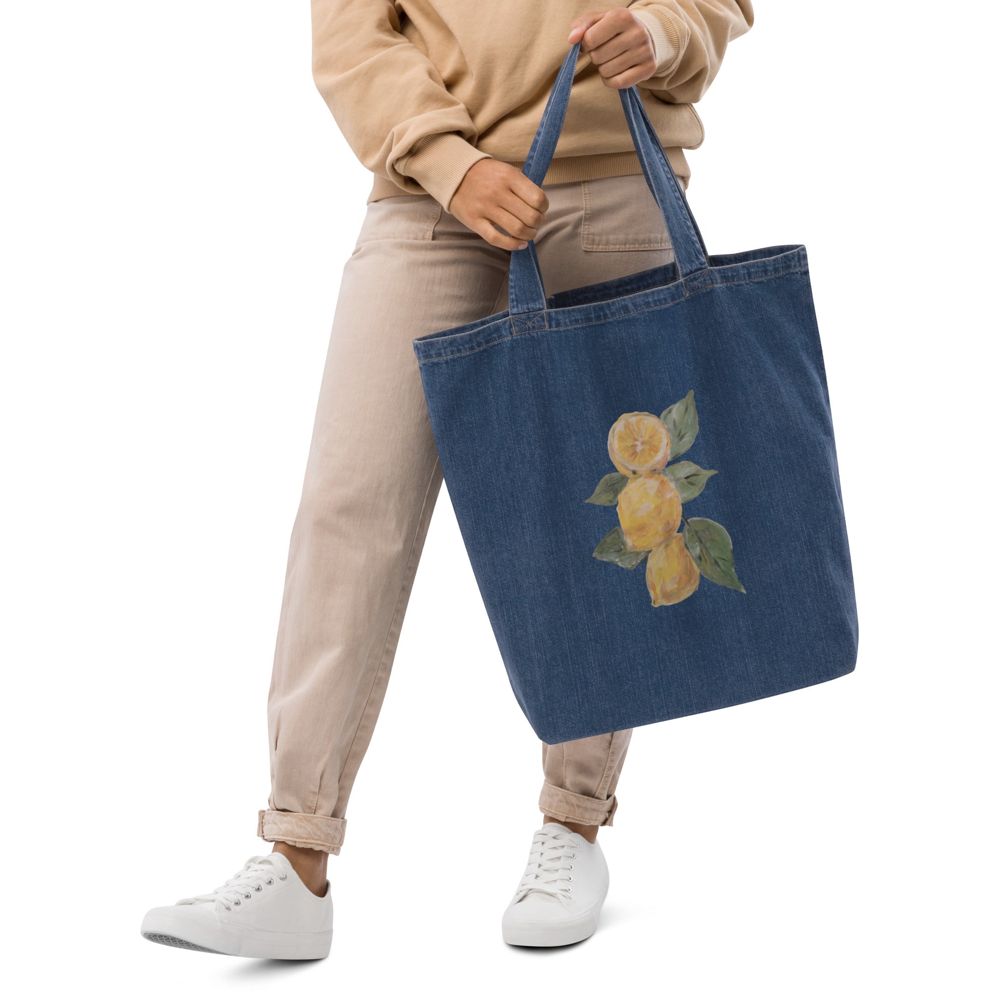 Organic denim tote bag in denim blue with printed handpainted artwork - front detail
