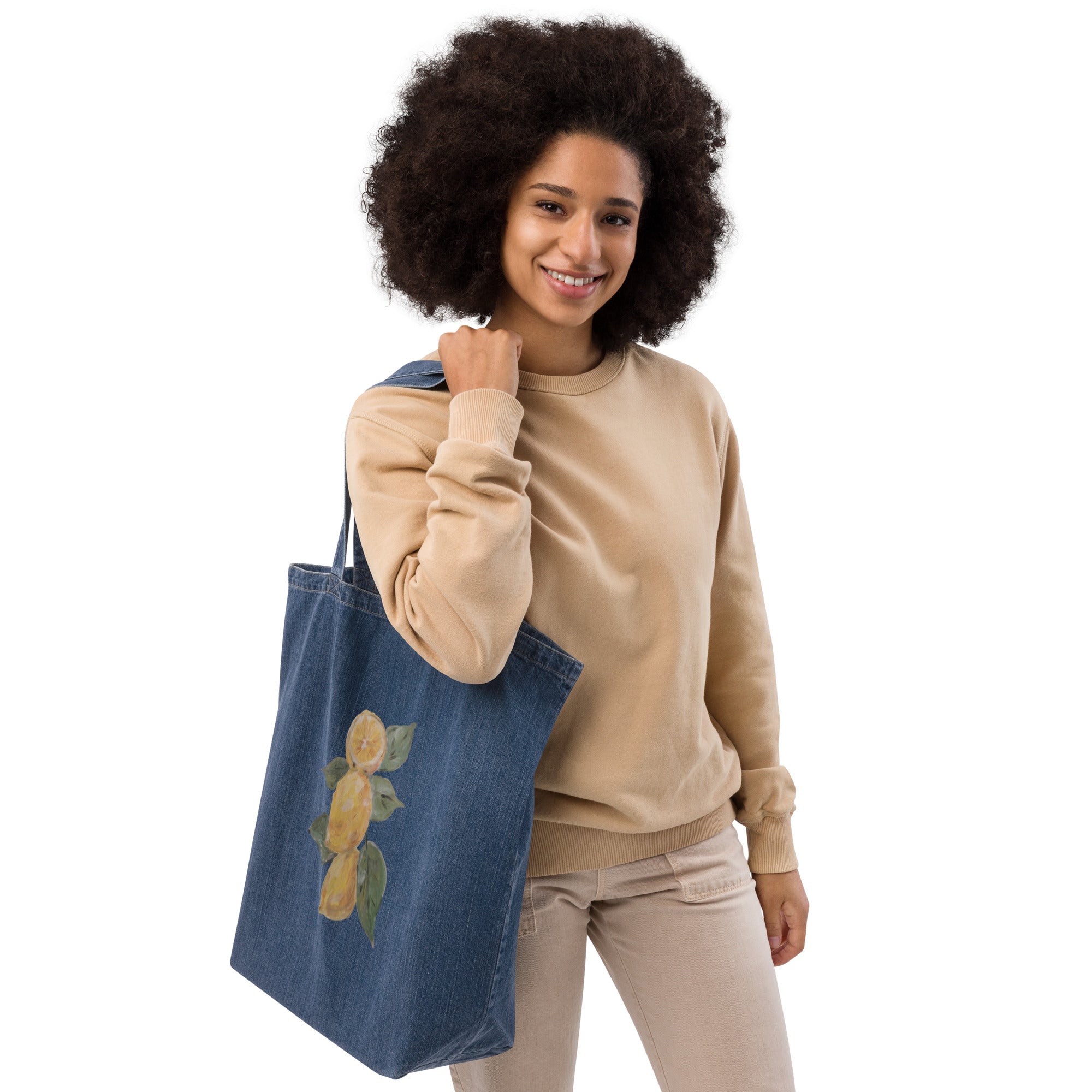 Organic denim tote bag in denim blue with printed handpainted artwork - right front view
