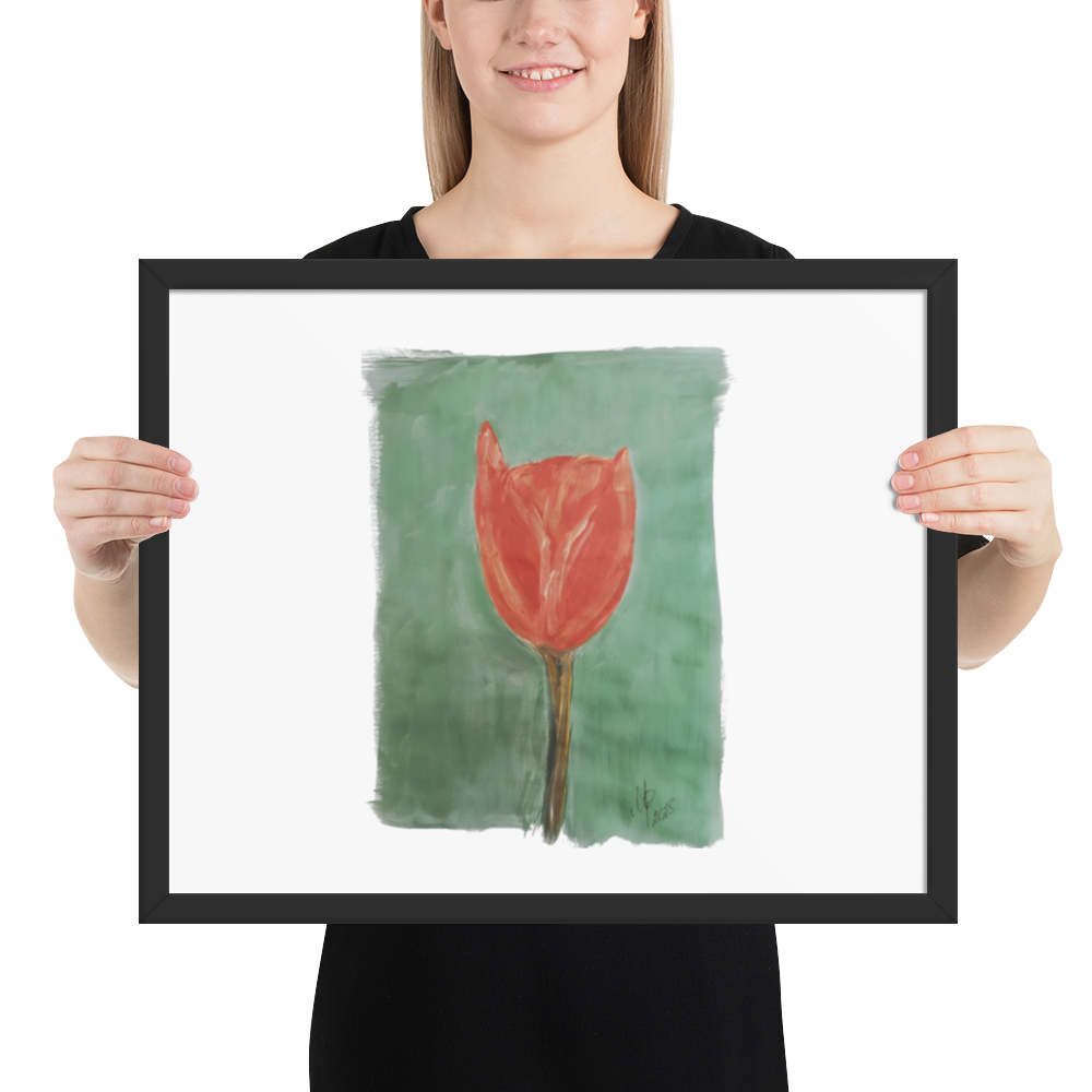 Framed photo paper poster with printed handpainted artwork in black frame 40x50 cm - lifestyle with person
