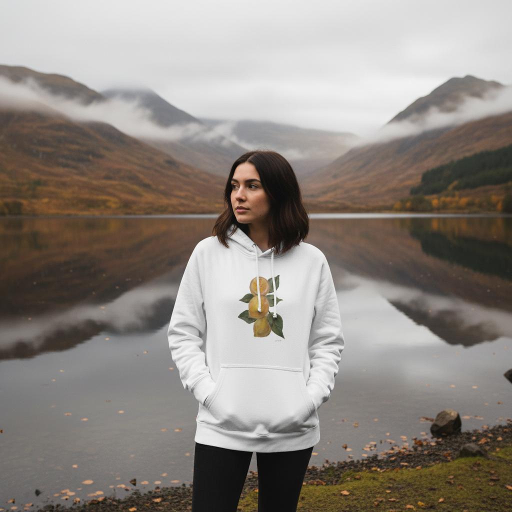 
Woman wearing white hoodie with handpainted artwork in Scottish Highlands with misty mountains and waters
