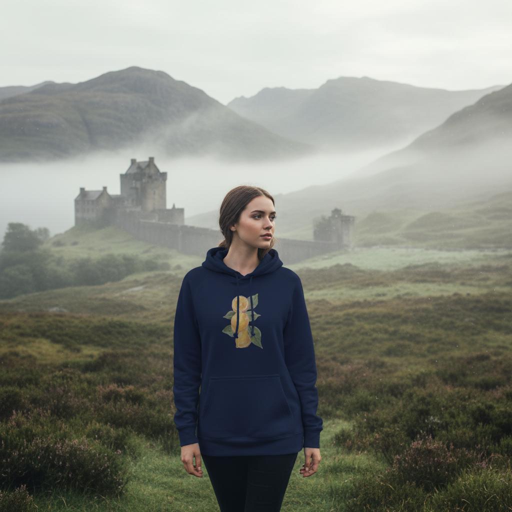 Woman wearing navy hoodie with handpainted artwork in Scottish Highlands with castle ruins and misty mountains
