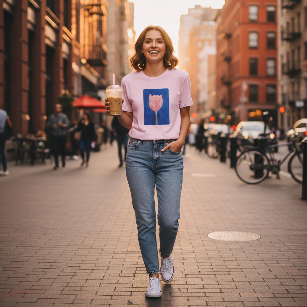 Unisex heavyweight t-shirt light pink with printed handpainted tulip artwork urban lifestyle shot