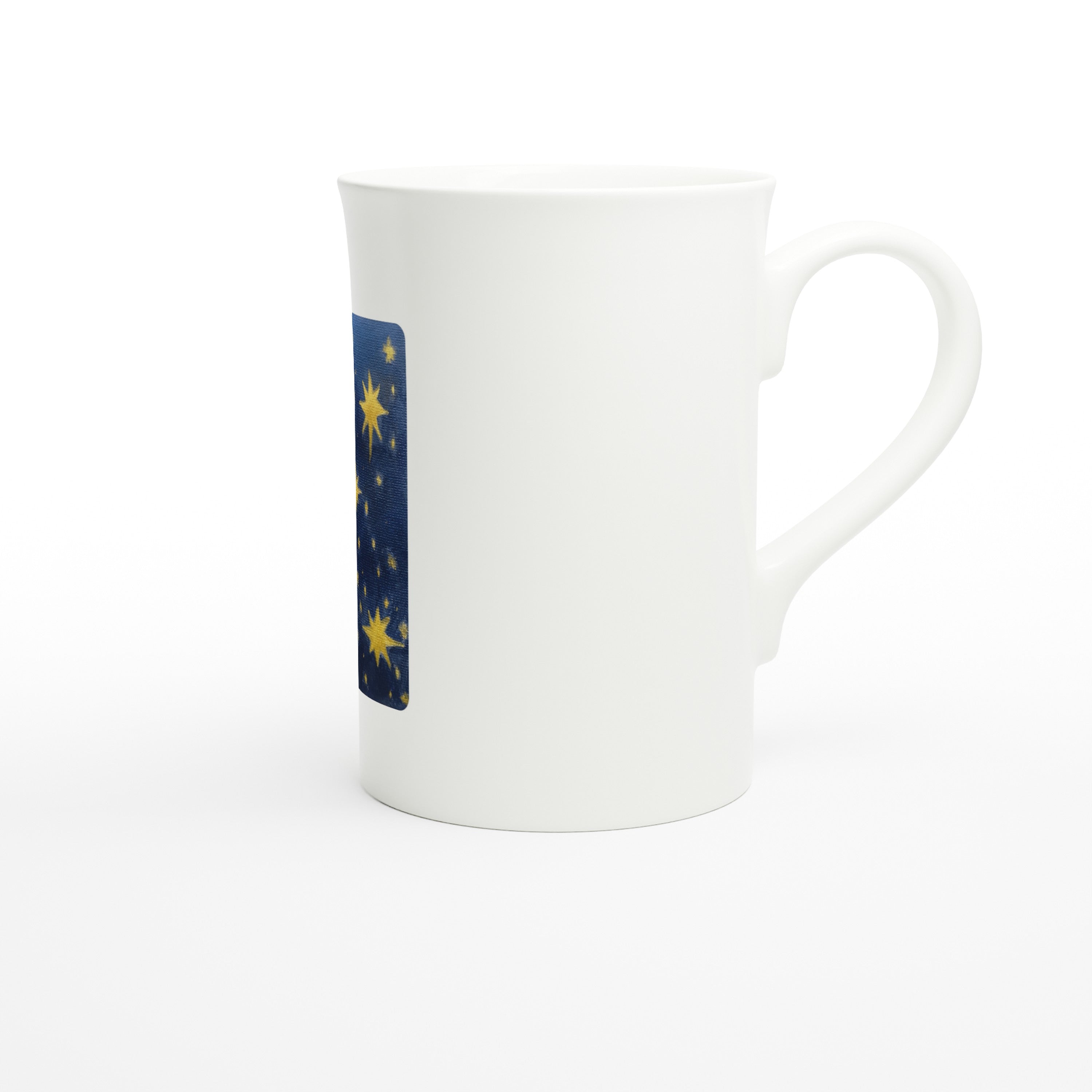 White 10oz porcelain slim mug with printed handpainted artwork - right side view
