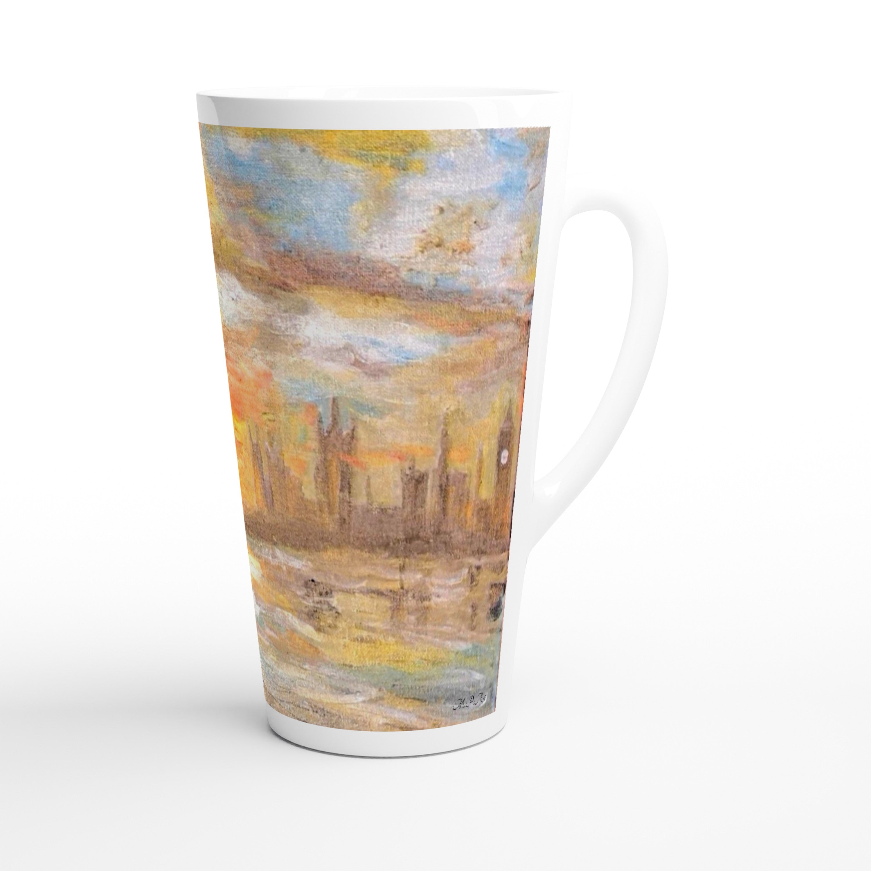 White latte ceramic mug 17oz with printed handpainted artwork - side view

