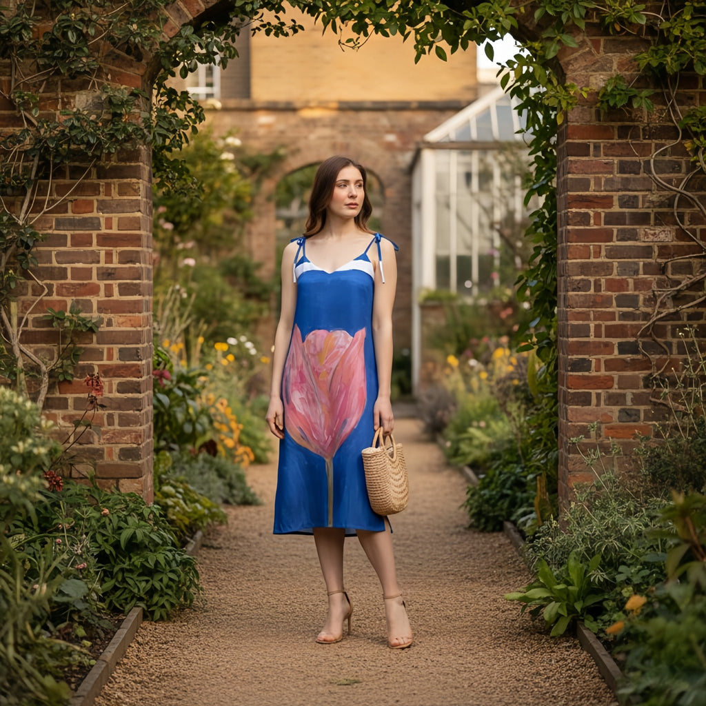 Sapphire Bloom | Tie - Strap Midi Dress - M.P.Art